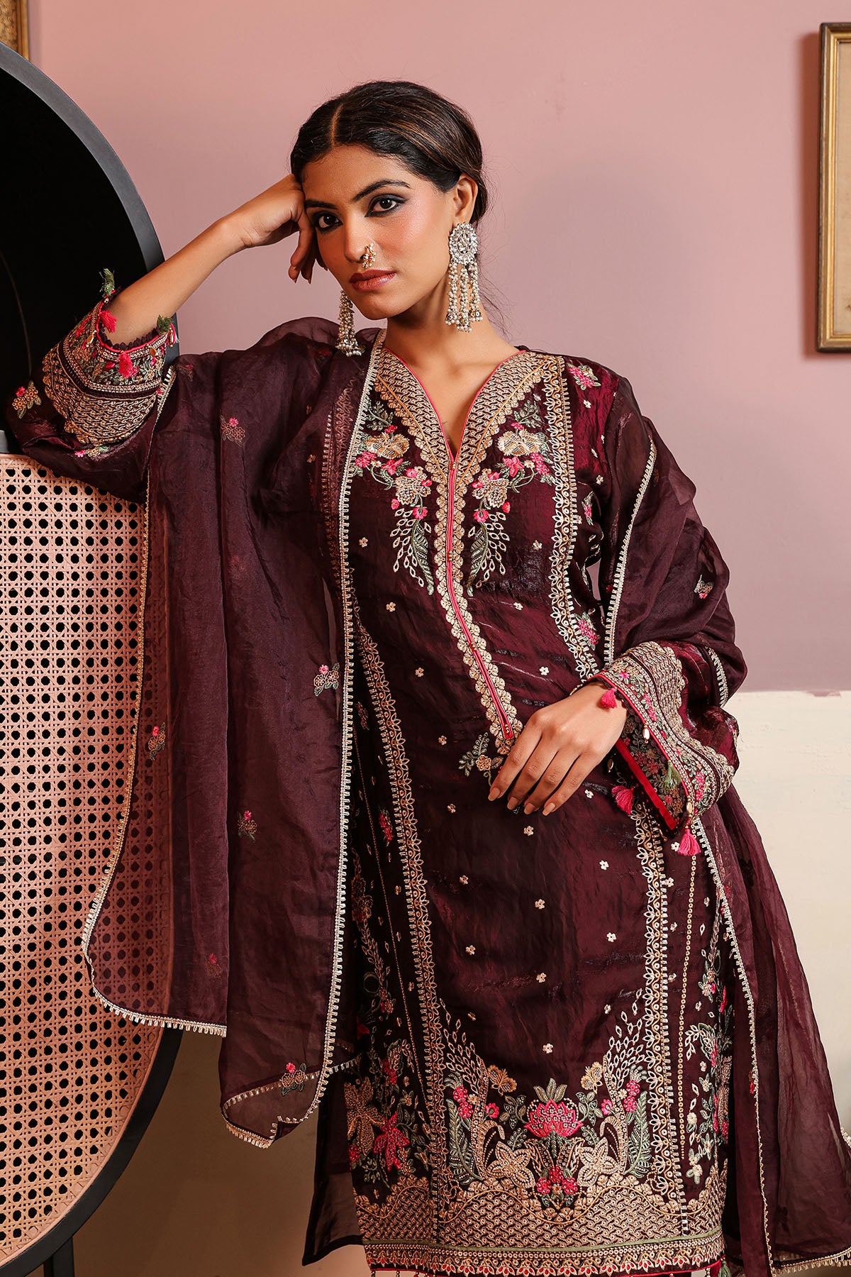 Marron Shimmer Embroidered Pakistani Suit