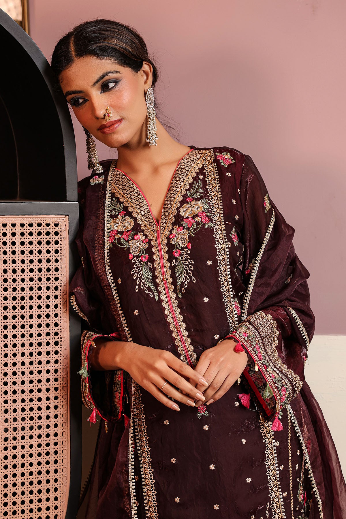 Marron Shimmer Embroidered Pakistani Suit