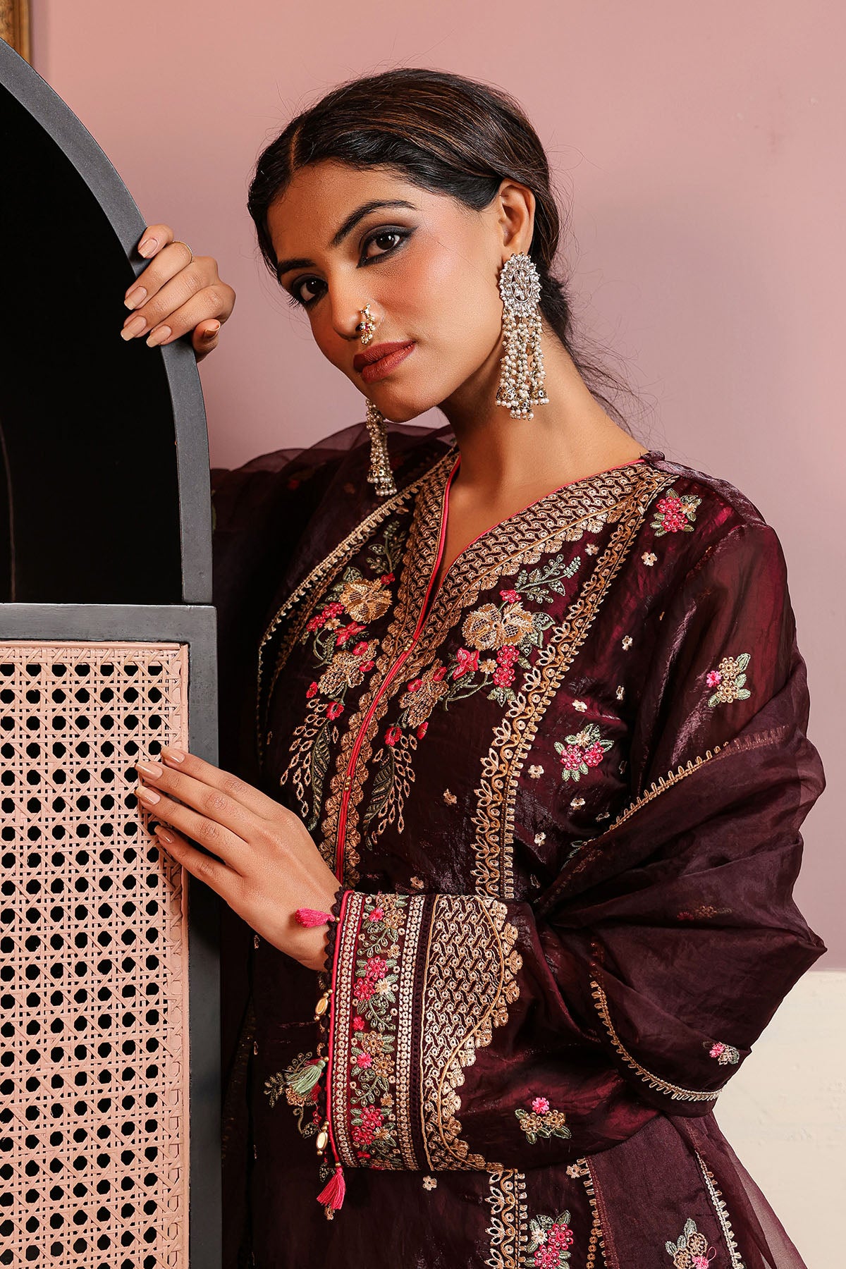 Marron Shimmer Embroidered Pakistani Suit