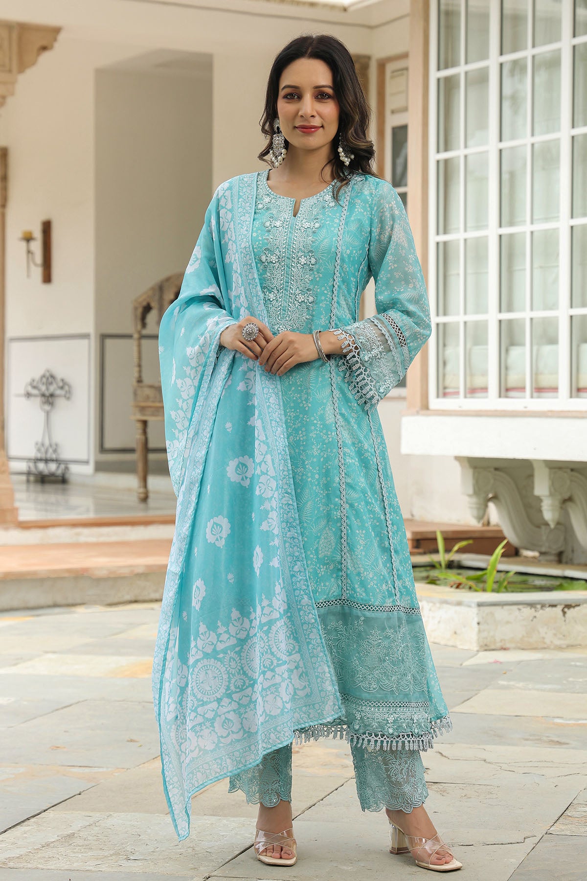 Sea Green Tabby Embroidered Anarkali Suit