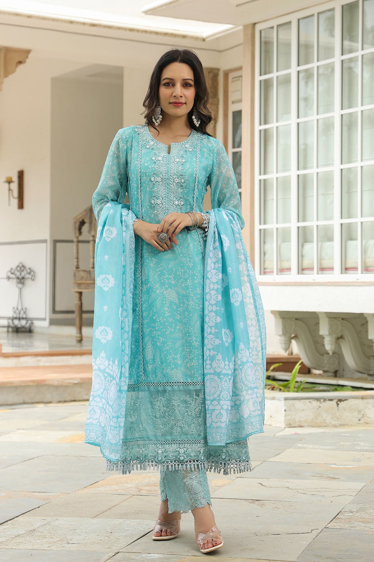 Sea Green Tabby Embroidered Anarkali Suit