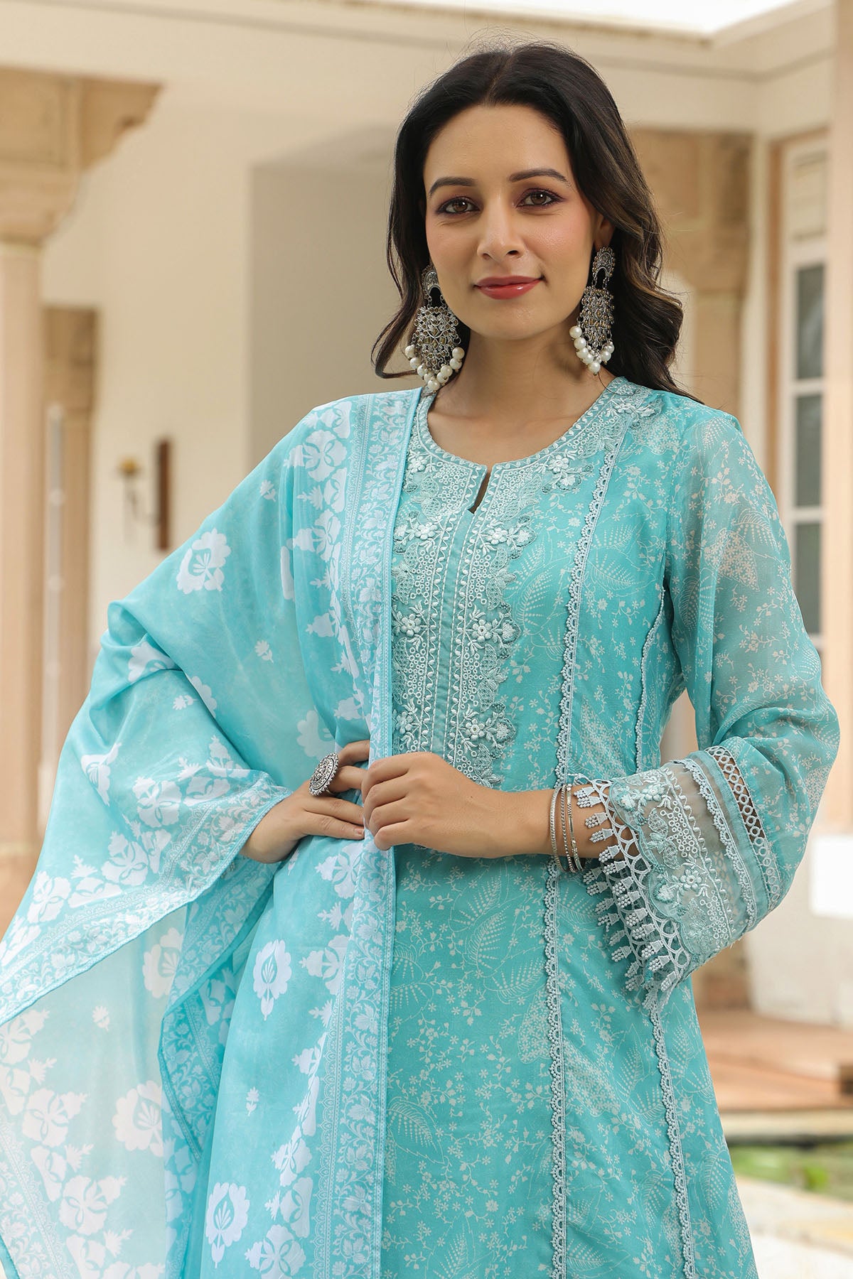 Sea Green Tabby Embroidered Anarkali Suit