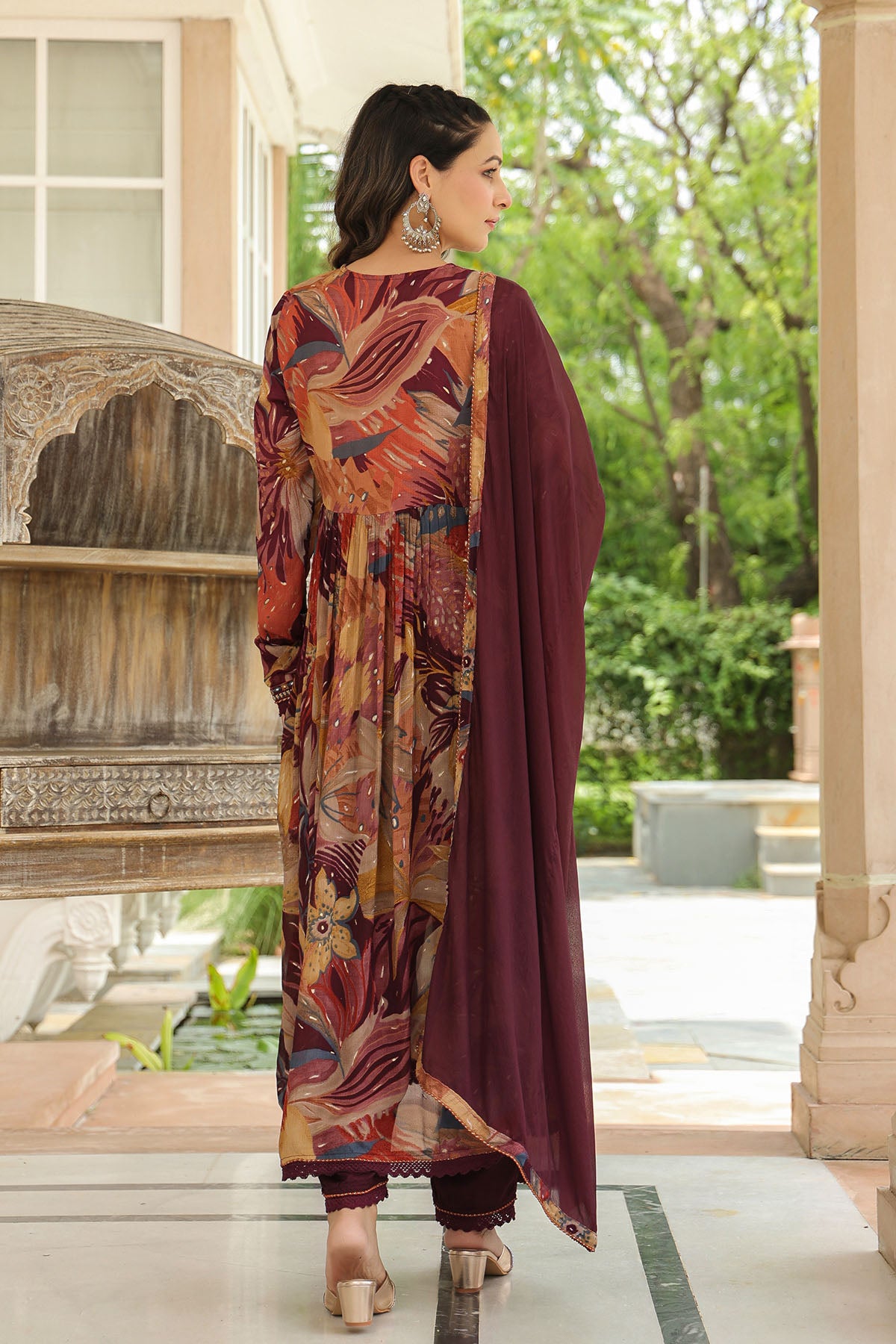 Brown Floral Chinon Embroidered Anarkali Suit