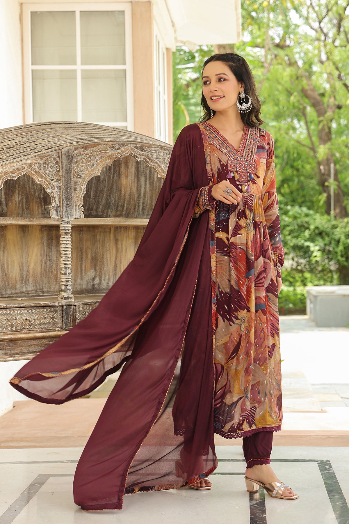 Brown Floral Chinon Embroidered Anarkali Suit