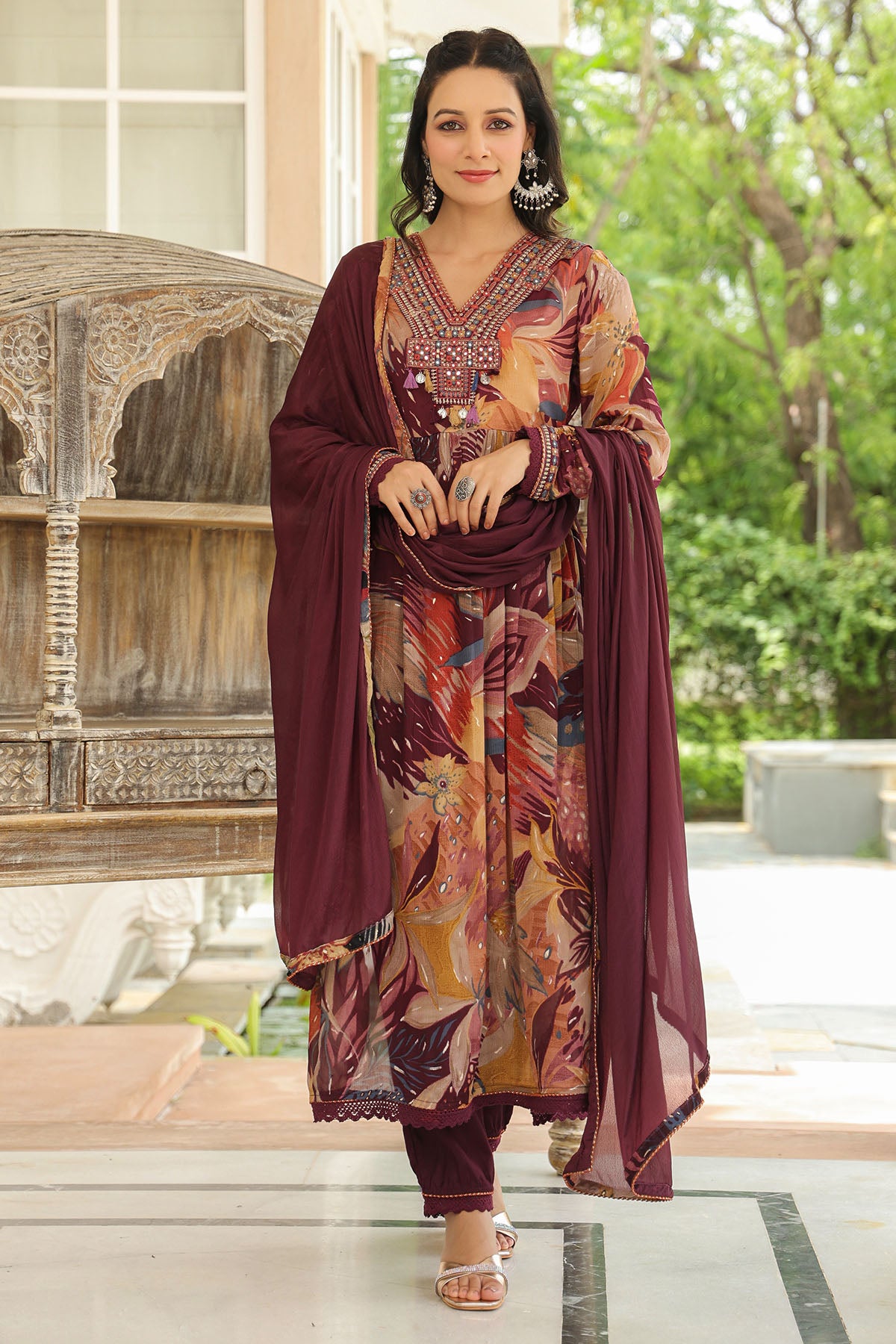 Brown Floral Chinon Embroidered Anarkali Suit