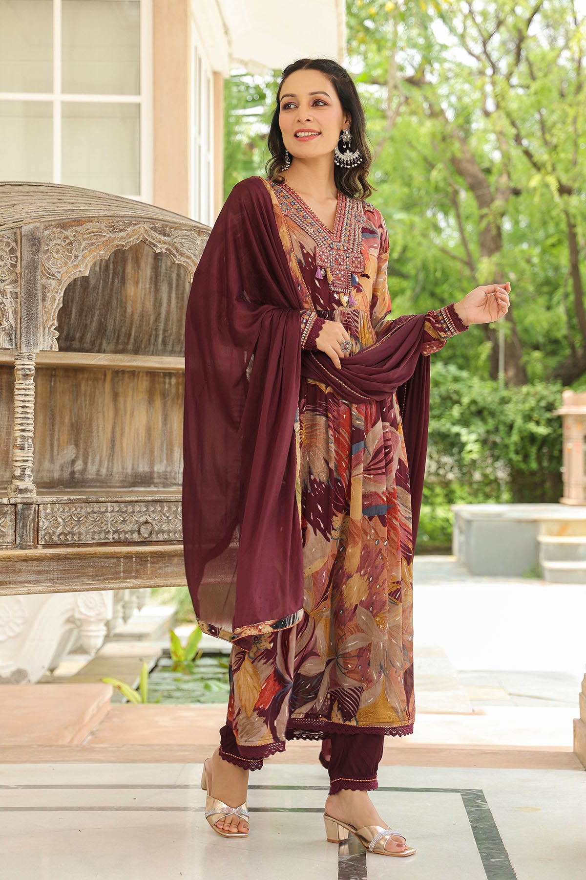 Brown Floral Chinon Embroidered Anarkali Suit