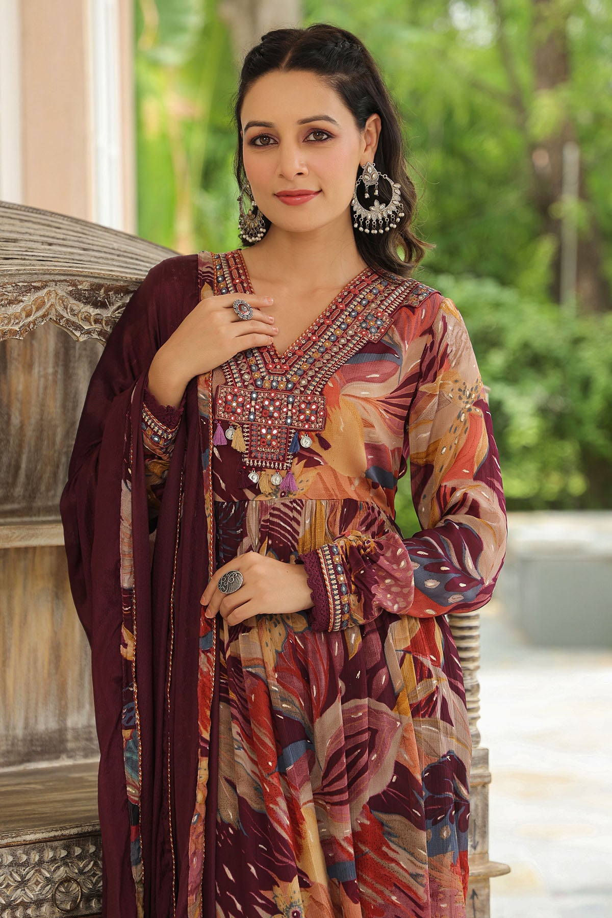 Brown Floral Chinon Embroidered Anarkali Suit