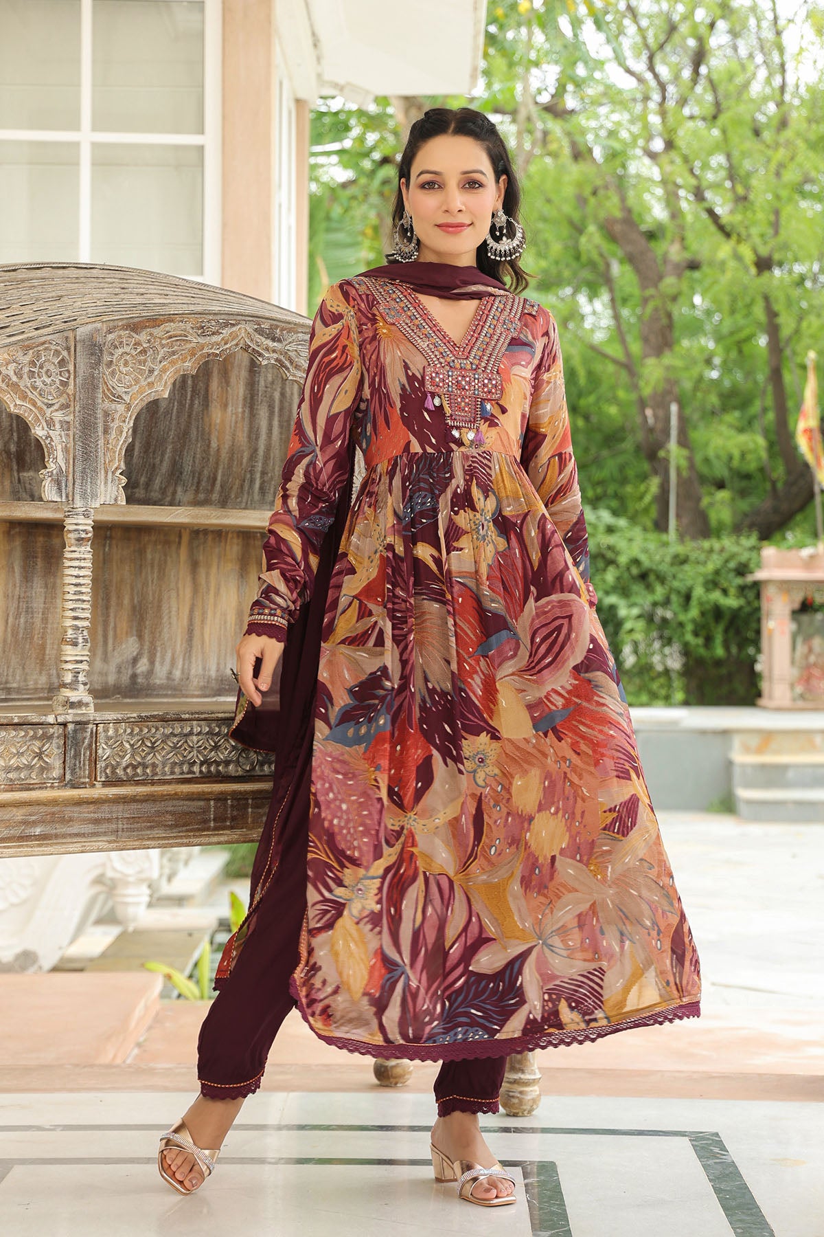 Brown Floral Chinon Embroidered Anarkali Suit