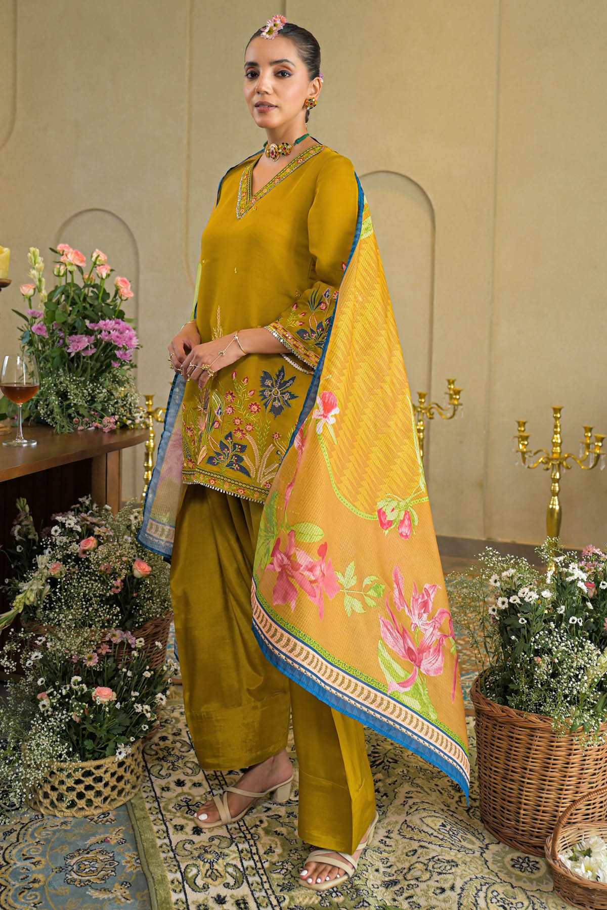 Mustard Chanderi Embroidered Farsi Salwar Set