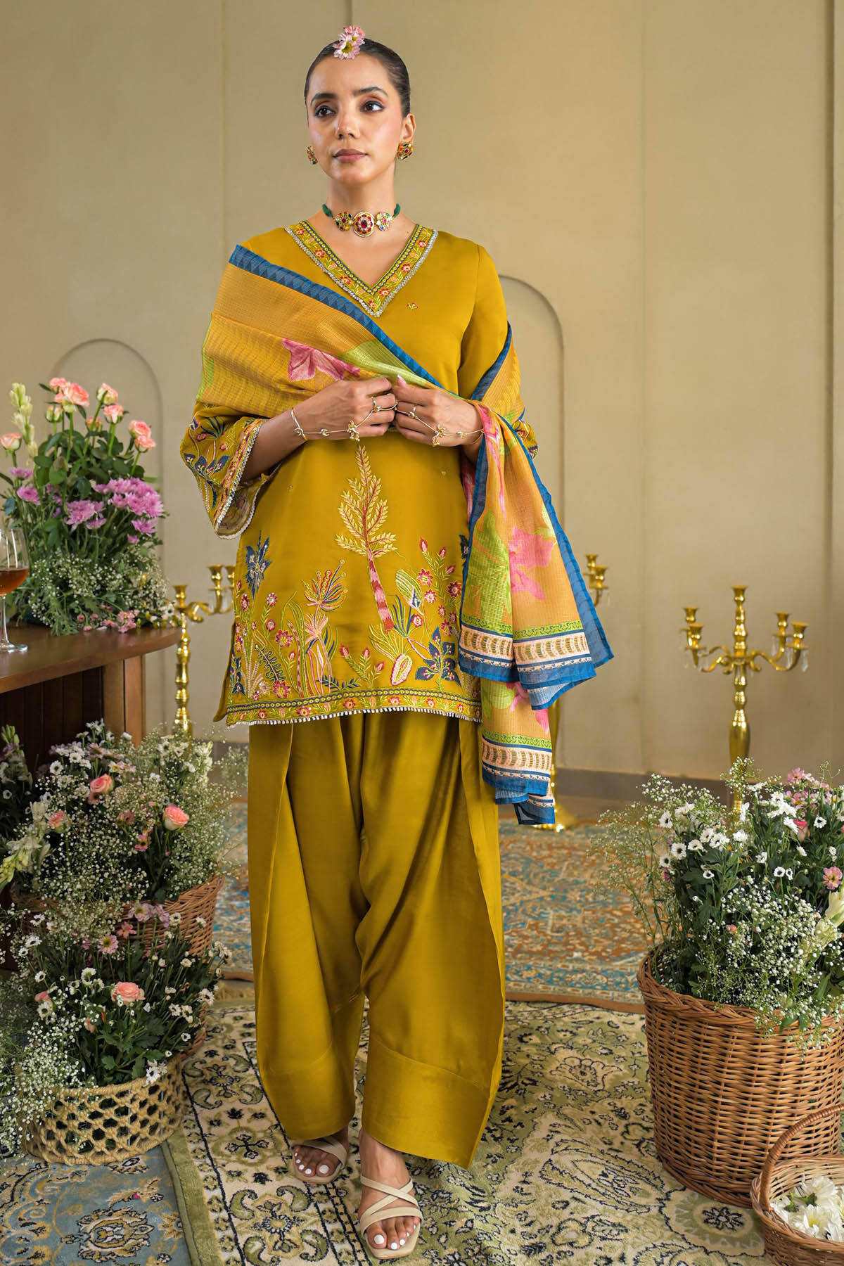 Mustard Chanderi Embroidered Farsi Salwar Set