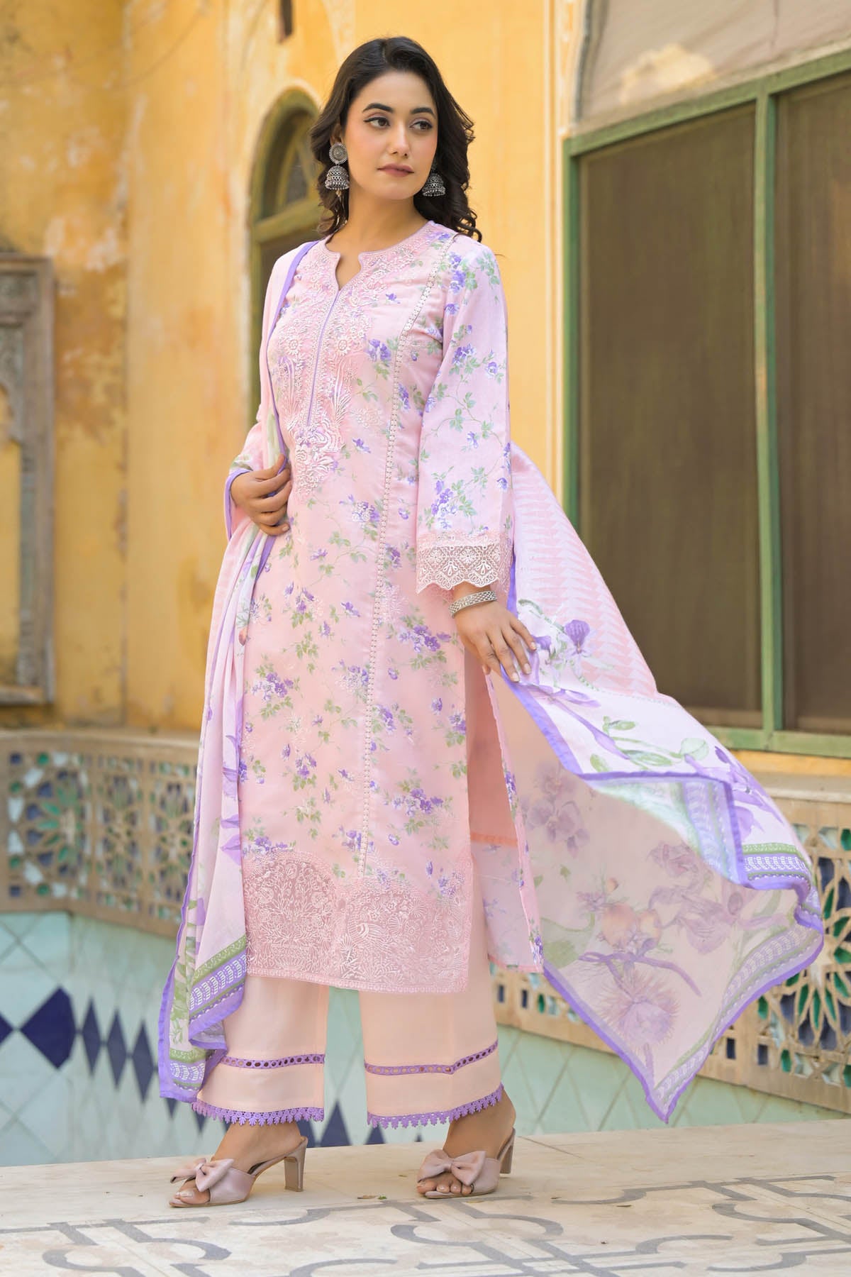 Pink Multicolor Cotton Printed Straight Cut Suit