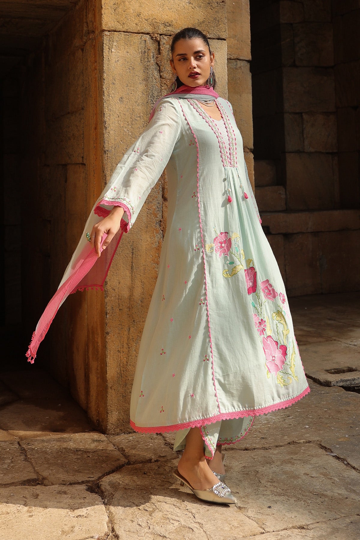 GREEN MULMUL A -LINE KURTA WITH PANT AND DUPATTA