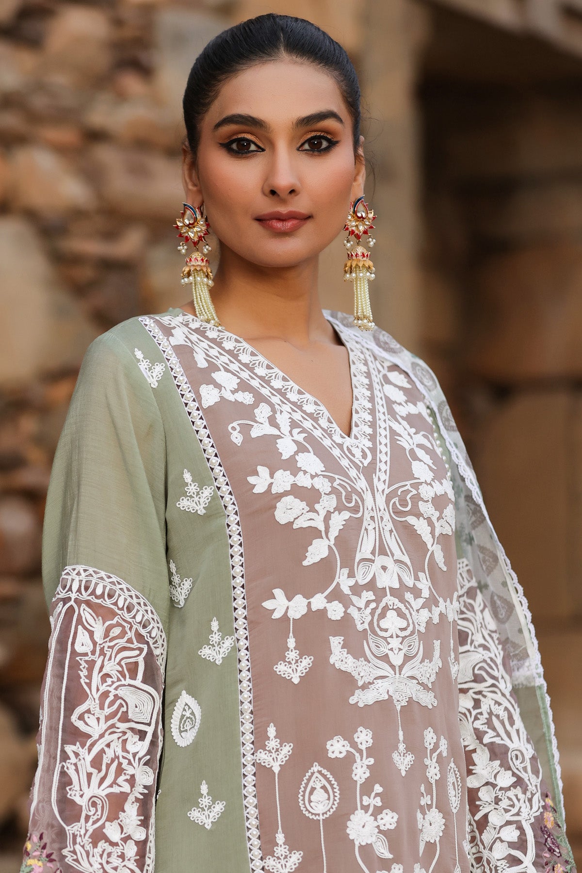 GREEN MUL CHANDERI STRAIGHT KURTA WITH PANT AND DUPATTA