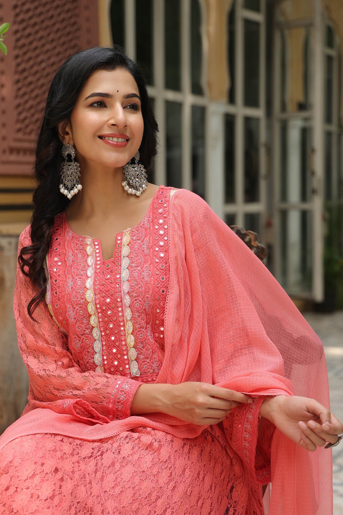 Rust Orange Schiffli Net Embroidered Anarkali Suit Set