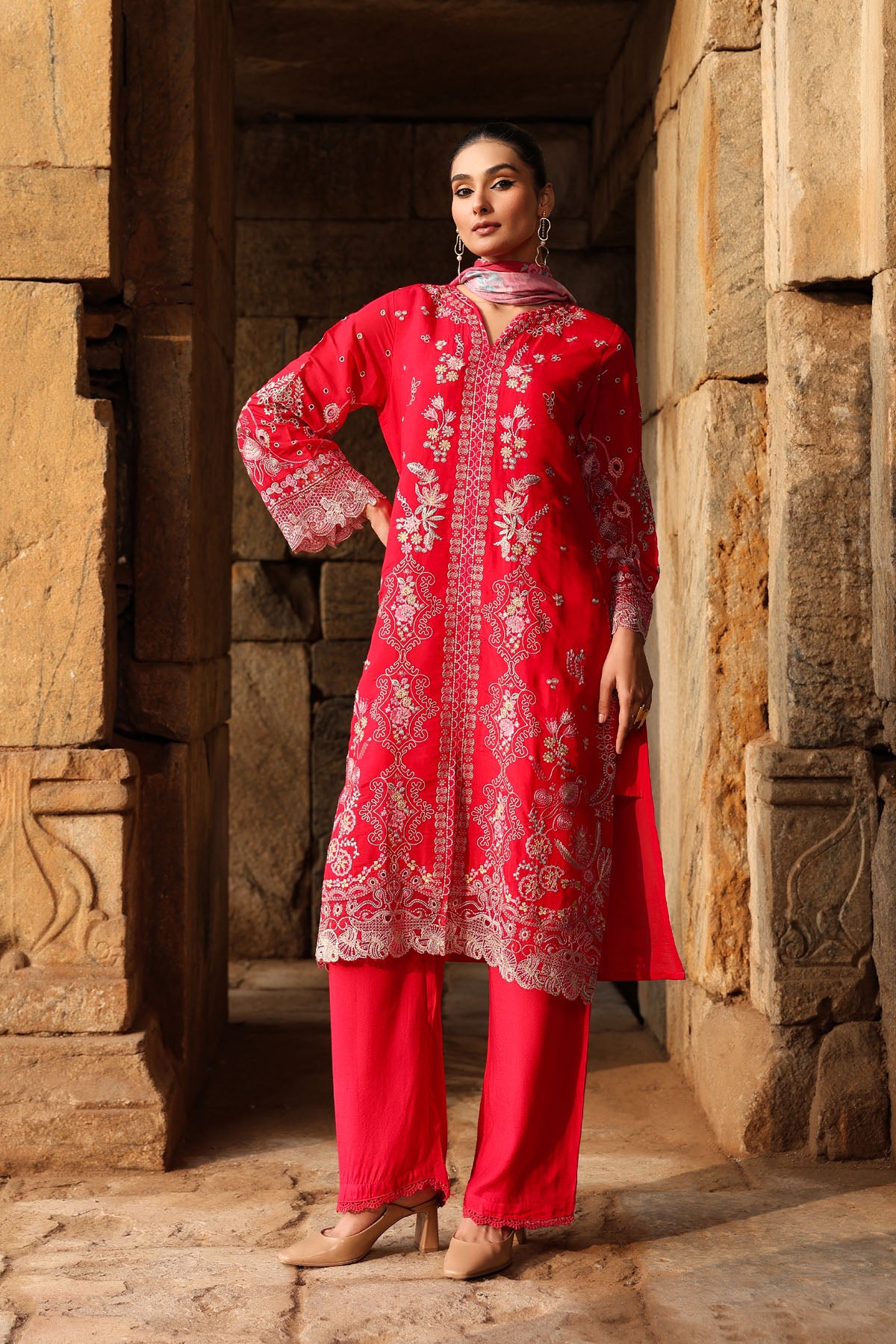 PINK MUL CHANDERI STRAIGHT KURTA WITH PANT AND DUPATTA