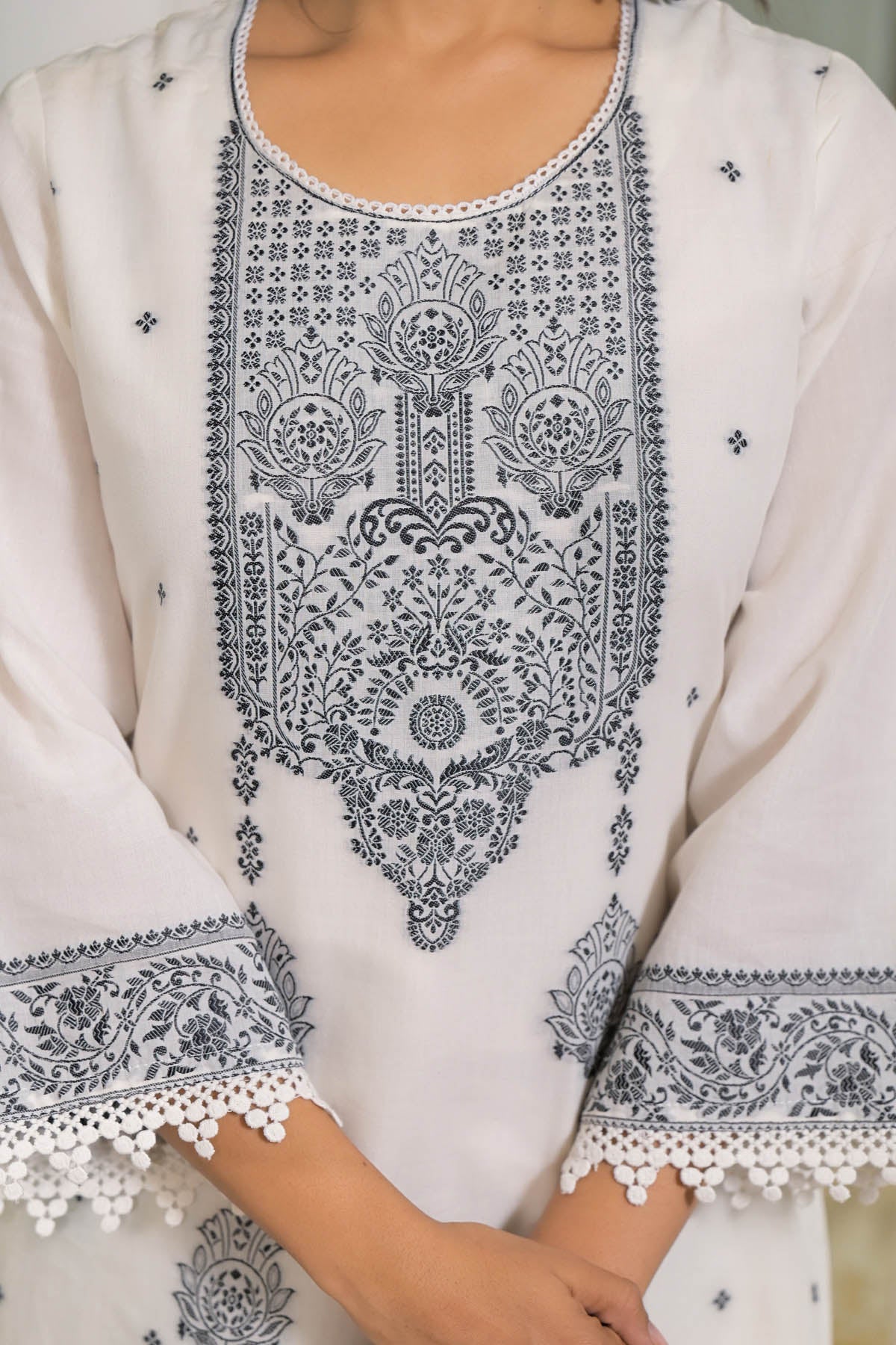 White Cotton Embroidered Straight Suit Set | Bairaas