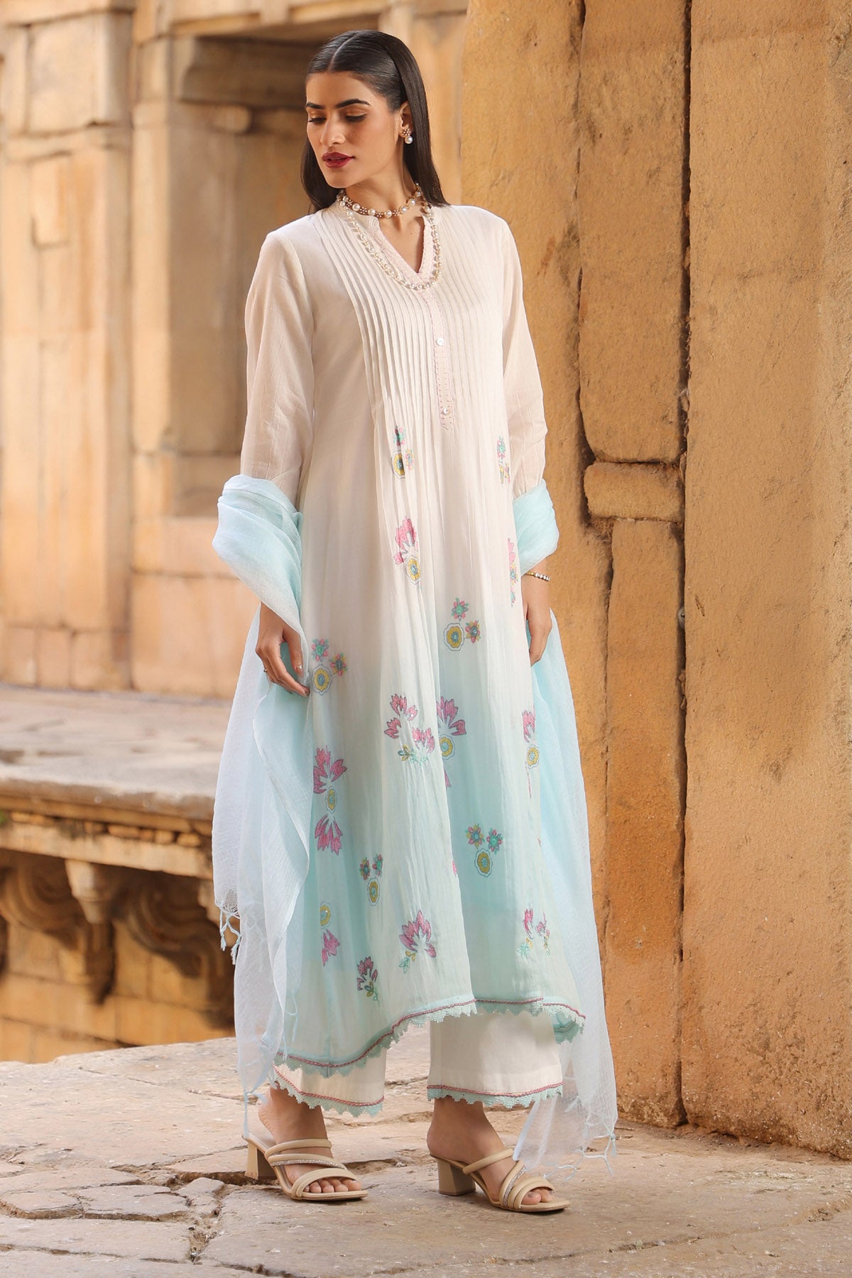 WHITE MULMUL A -LINE KURTA WITH PANT AND DUPATTA