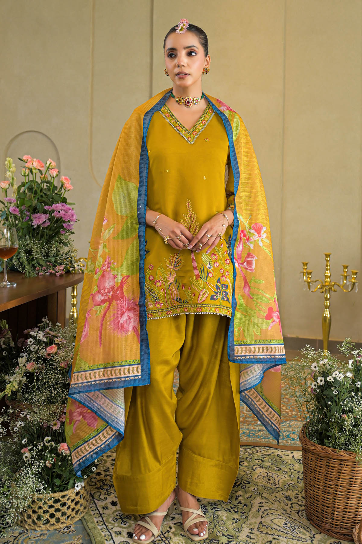Mustard Chanderi Embroidered Farsi Salwar Set