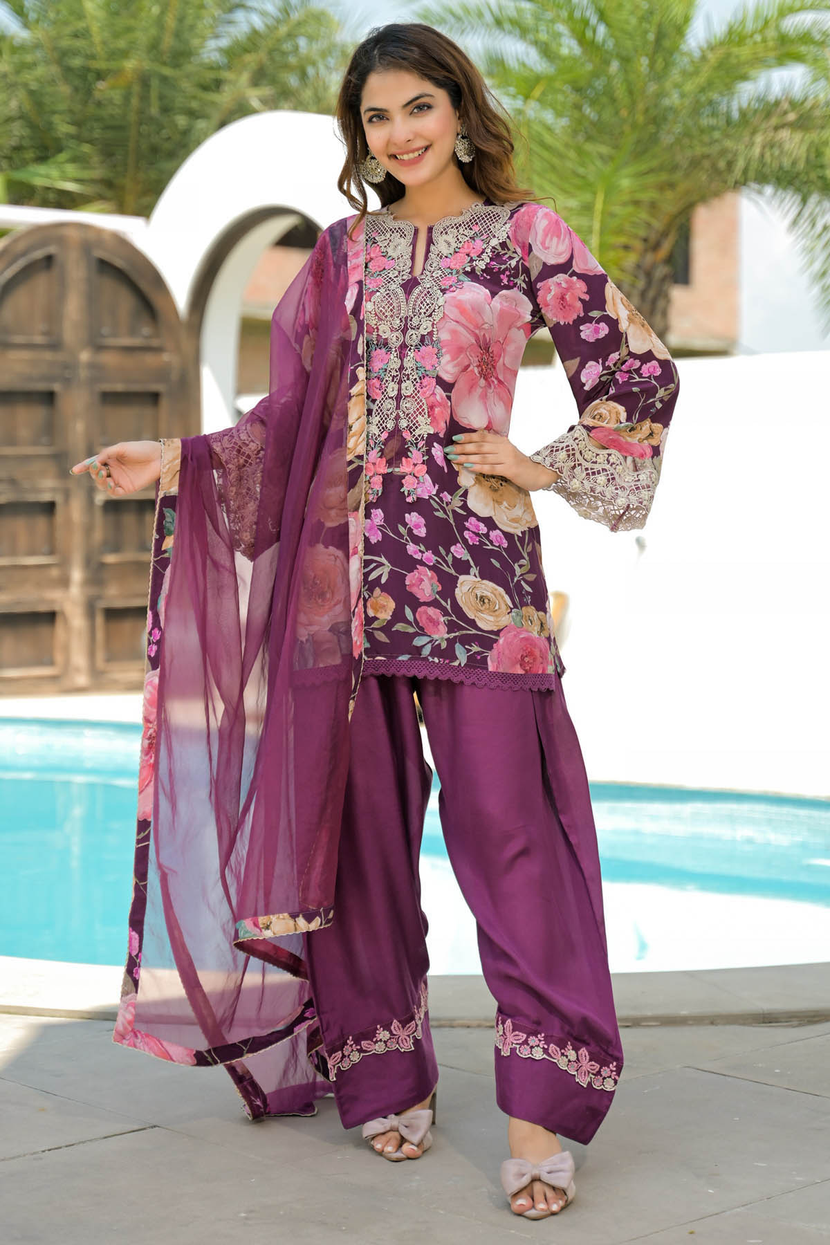 Brown Crepe Embroidered Farsi Salwar Set