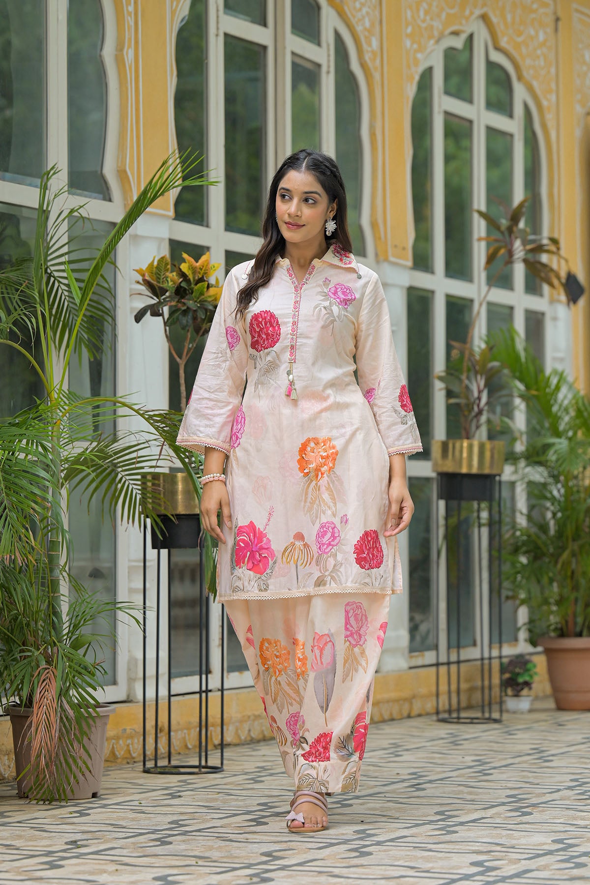 Beige Cotton Printed Co-Ord Set