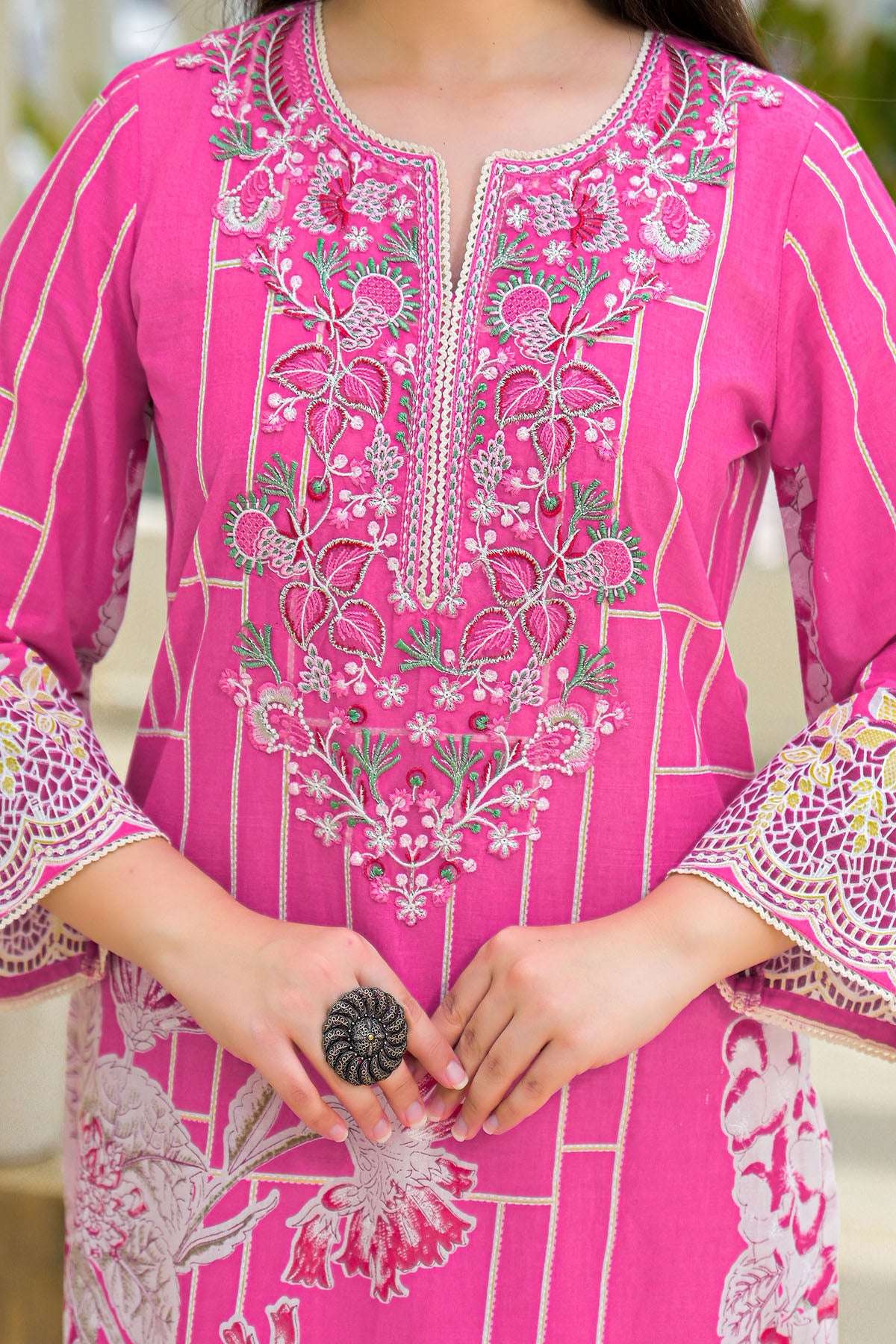 Pink Multicolor Cotton Straight-Cut Printed Suit