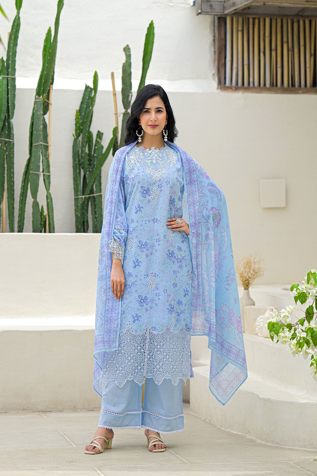 Blue Multicolor Cotton Straight-Cut Printed Suit