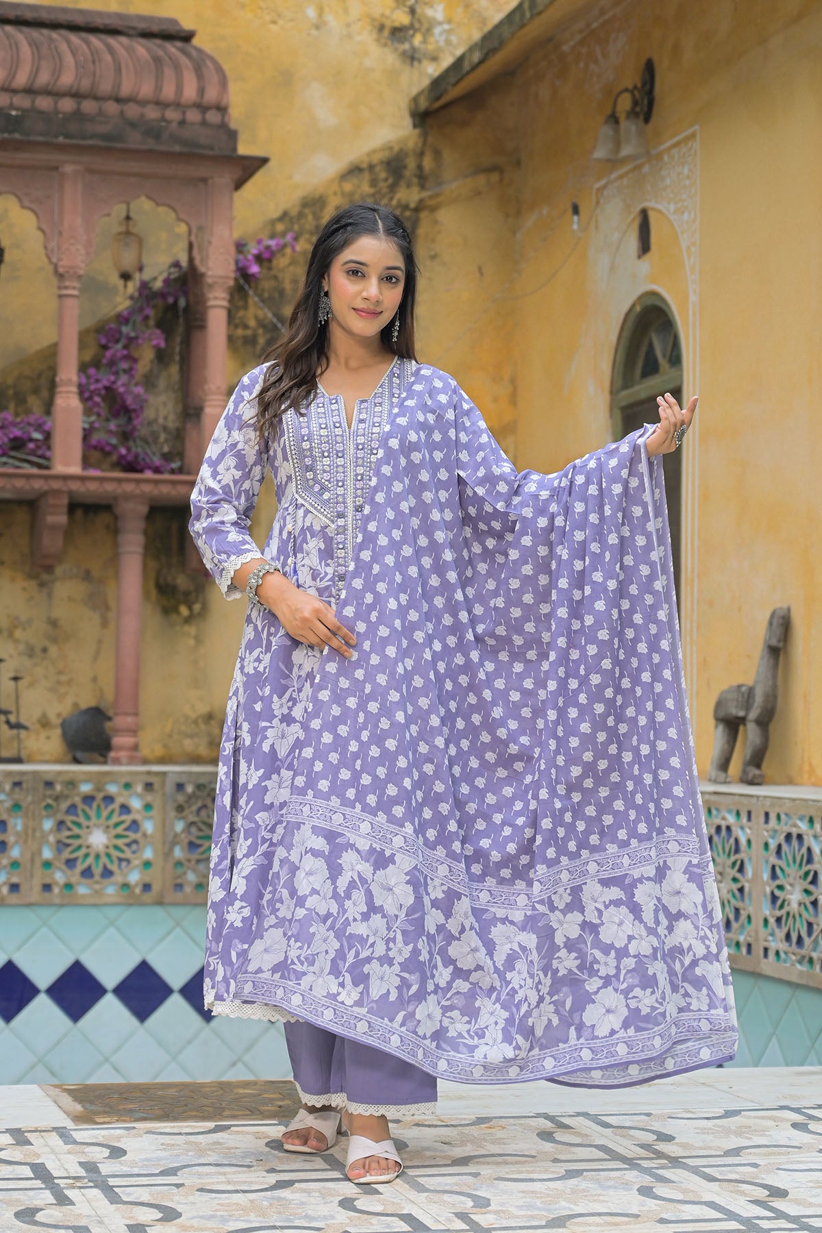 Violet Blue Floral Cotton Embroidered Anarkali Suit