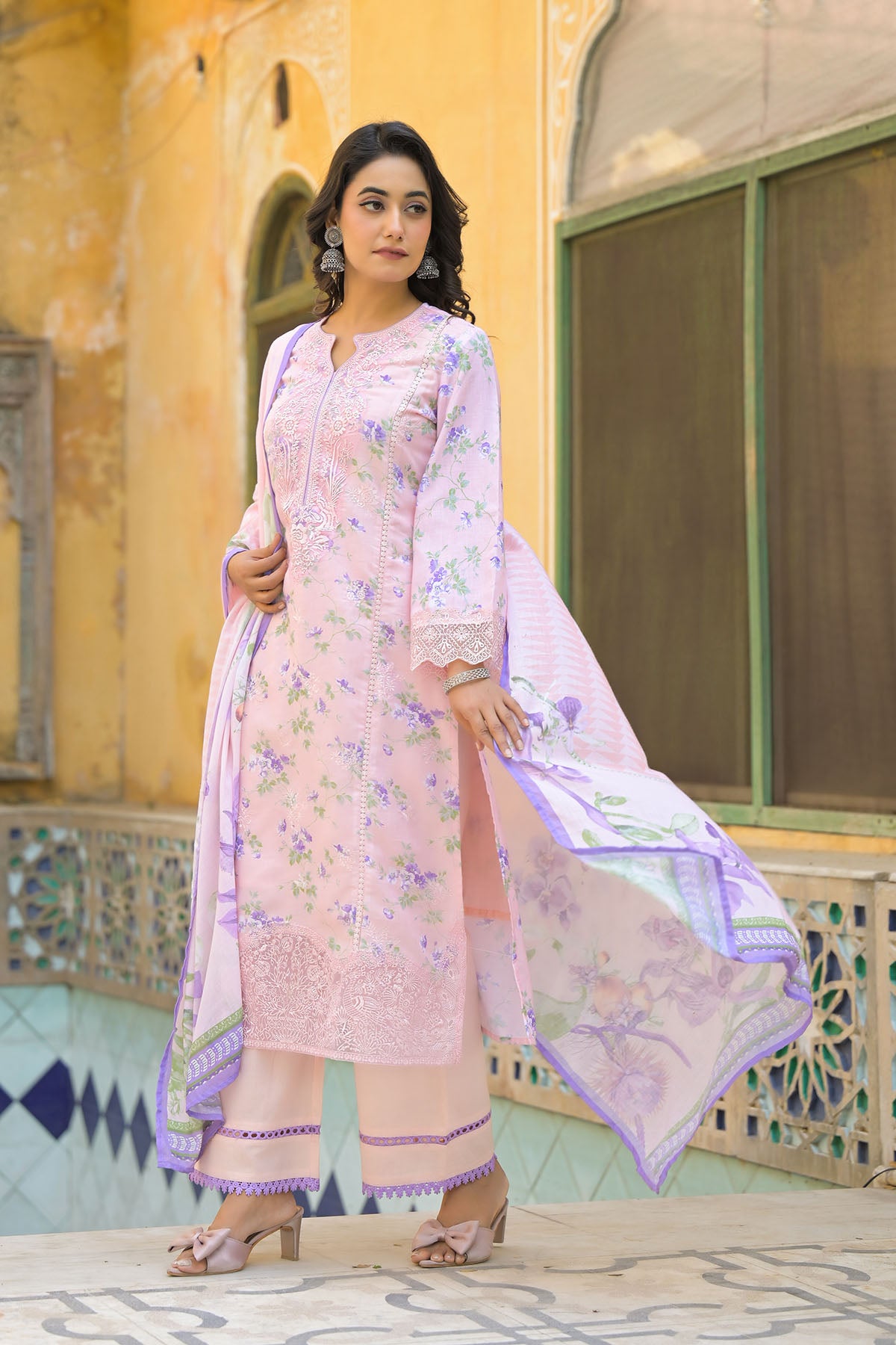 Pink Multicolor Cotton Straight-Cut Printed Suit