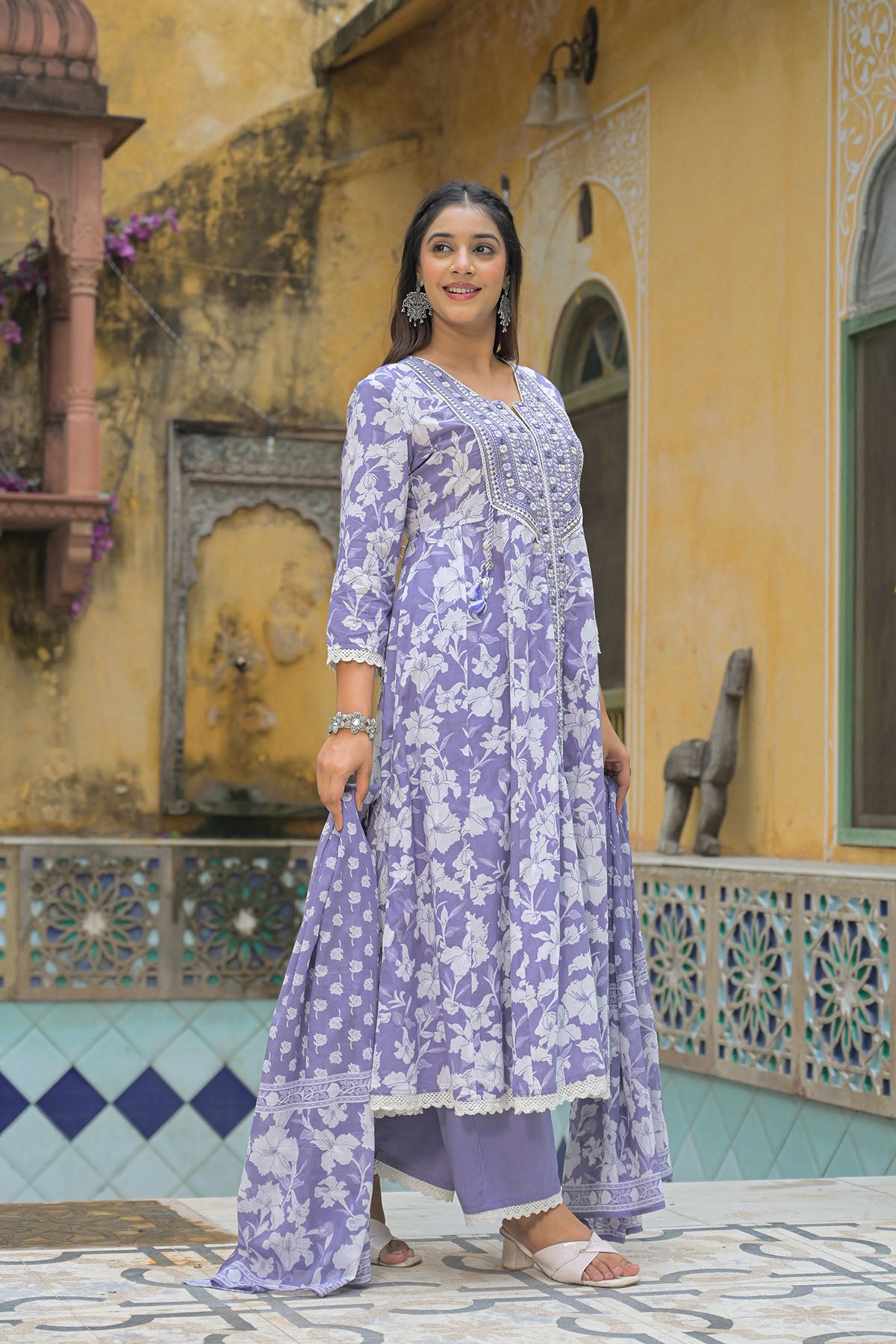 Violet Blue Floral Cotton Embroidered Anarkali Suit