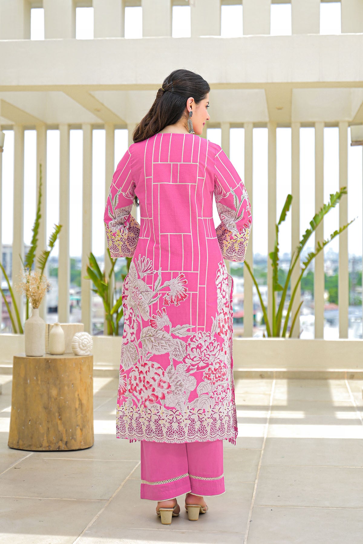 Pink Multicolor Cotton Straight-Cut Printed Suit