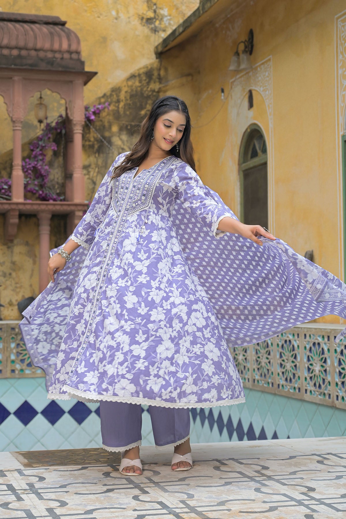 Violet Blue Floral Cotton Embroidered Anarkali Suit