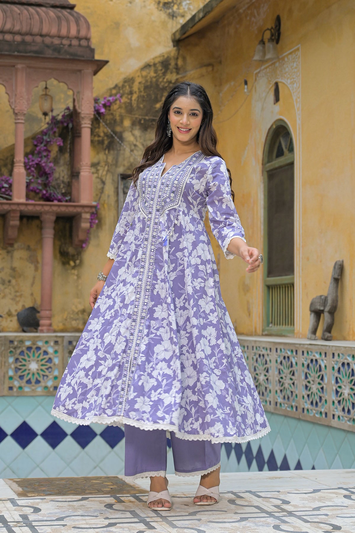 Violet Blue Floral Cotton Embroidered Anarkali Suit