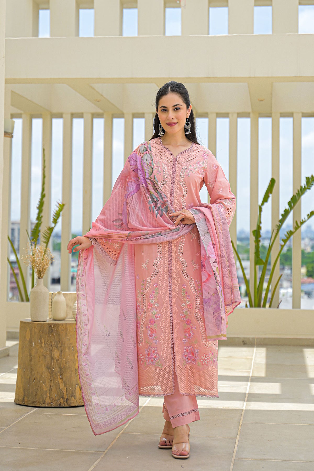 Peach Multicolor Cotton Straight-Cut Printed Suit