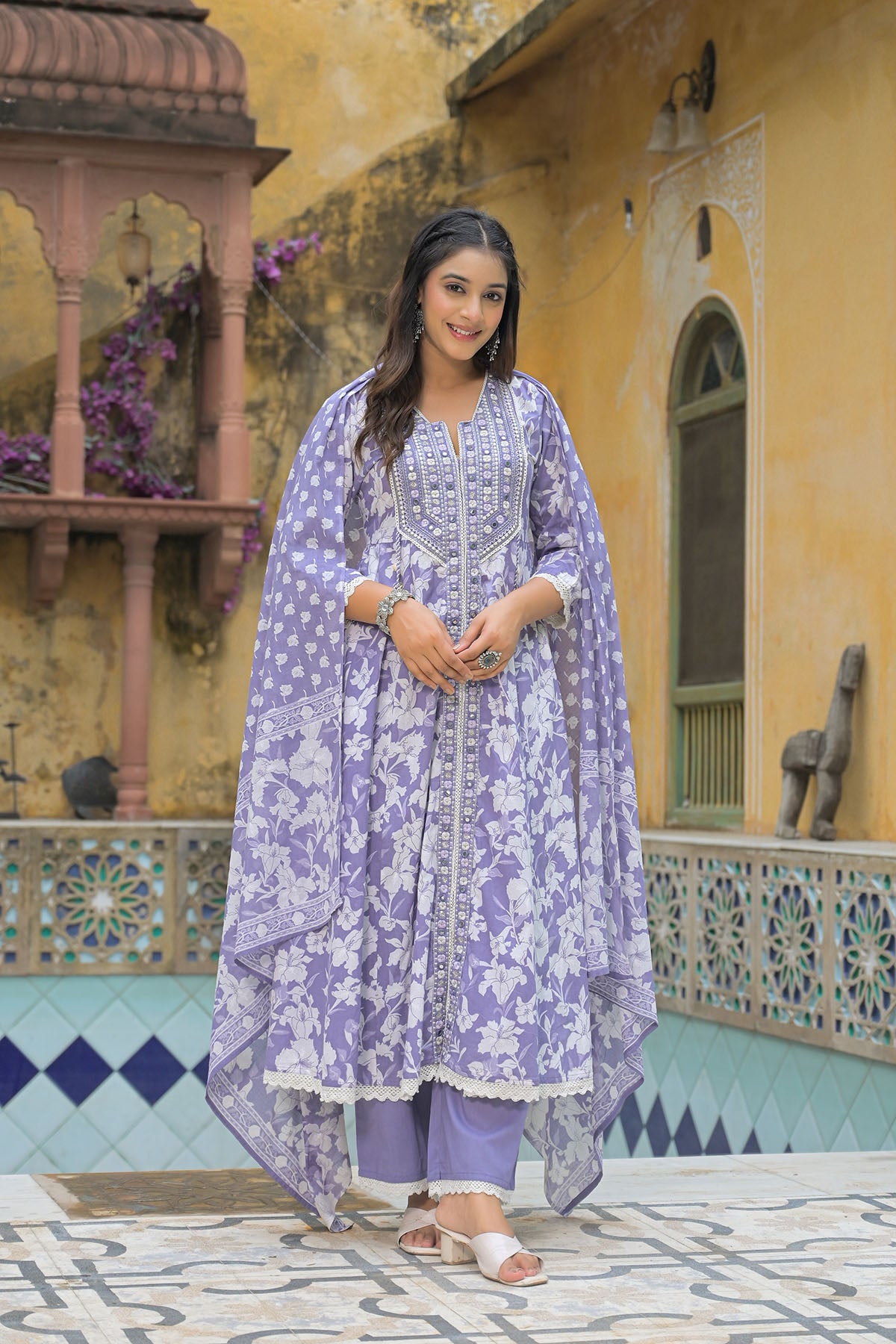 Violet Blue Floral Cotton Embroidered Anarkali Suit