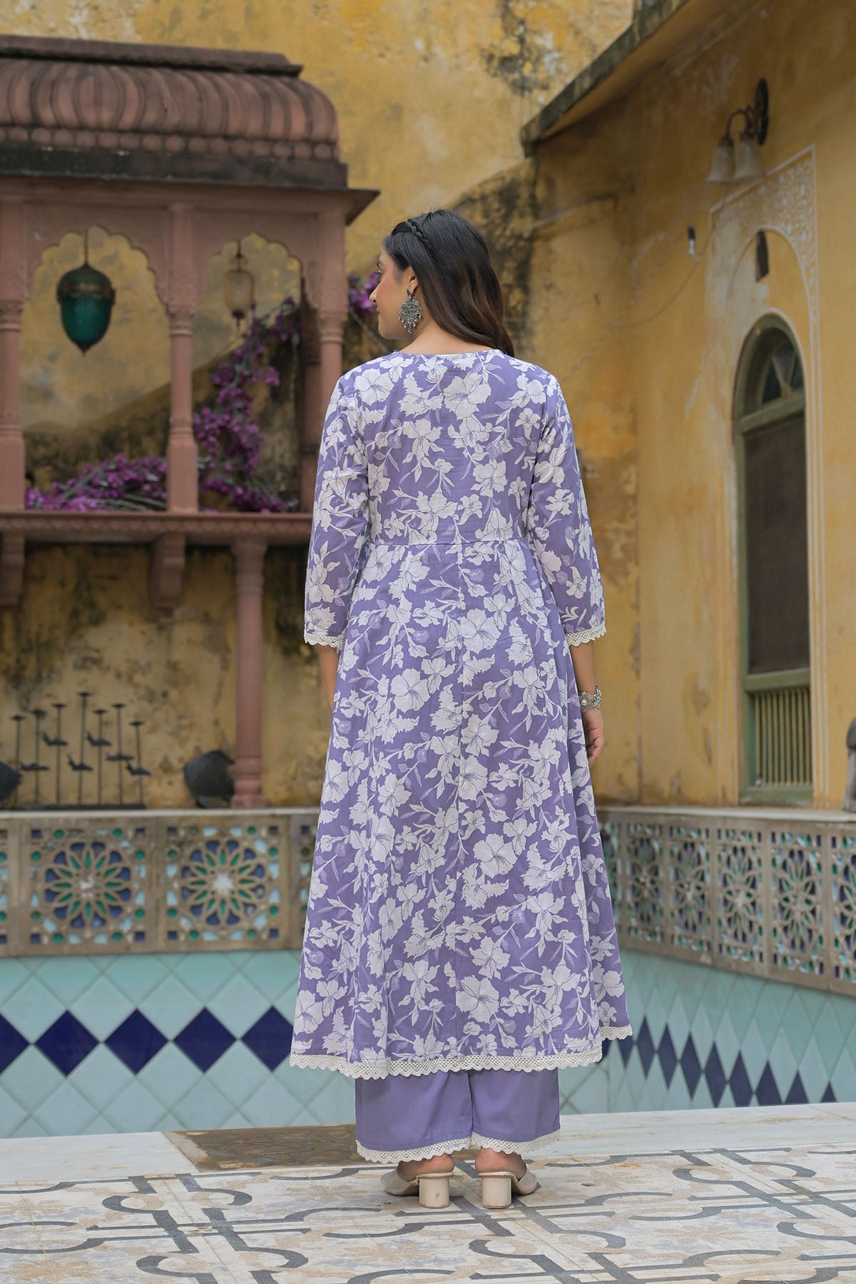 Violet Blue Floral Cotton Embroidered Anarkali Suit