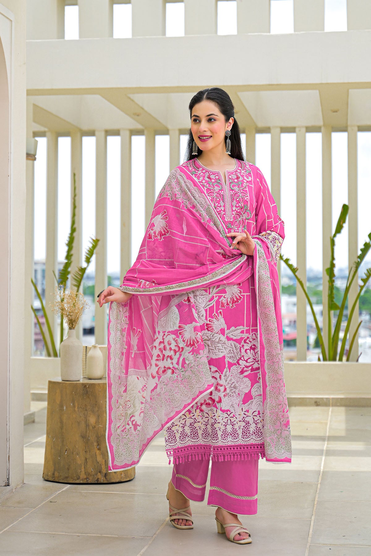 Pink Multicolor Cotton Straight-Cut Printed Suit