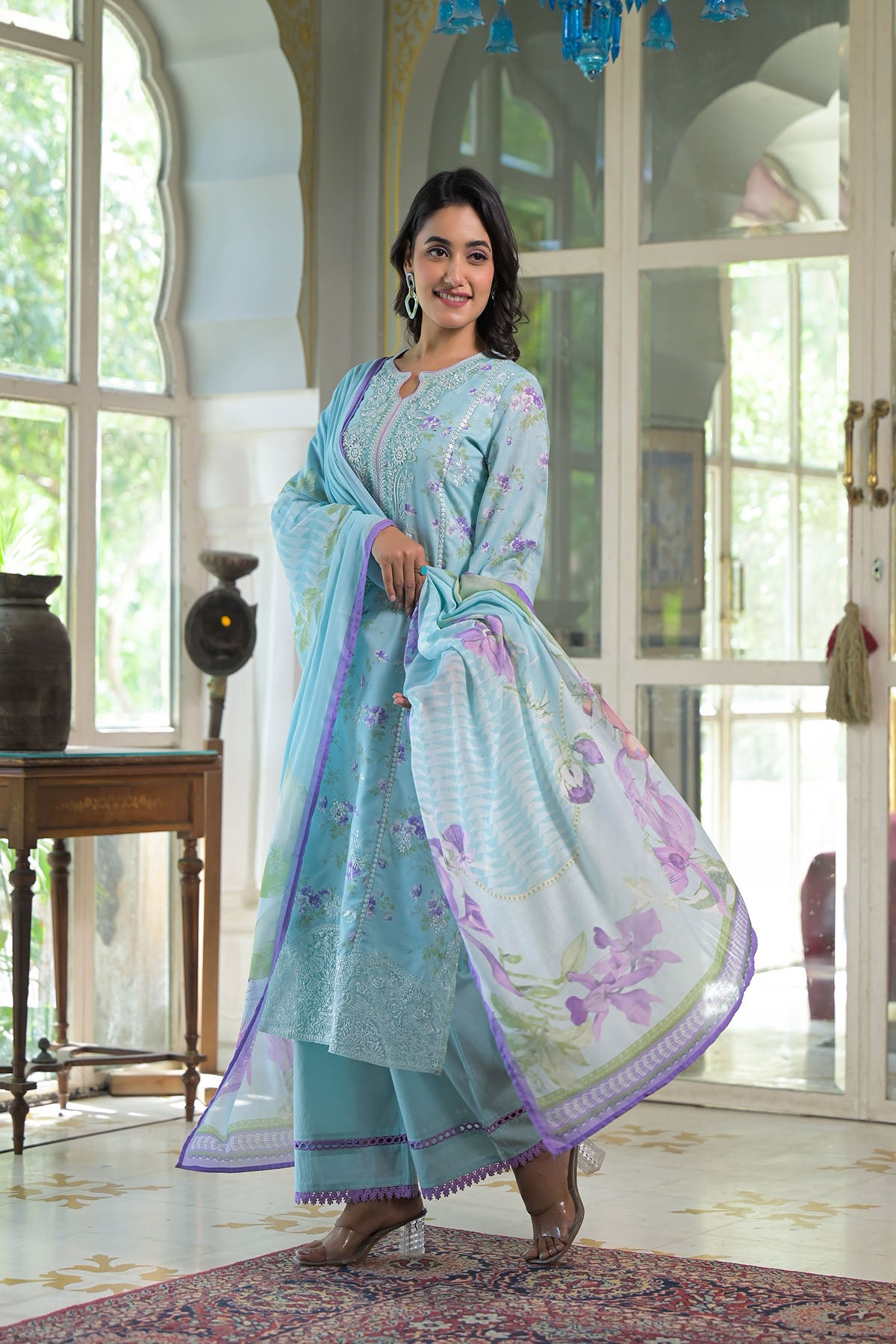 Blue Multicolor Cotton Straight-Cut Printed Suit