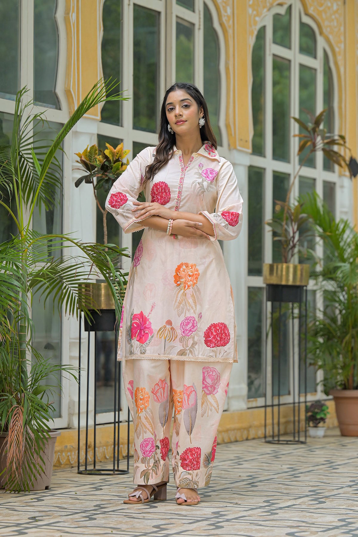 Beige Cotton Printed Co-Ord Set