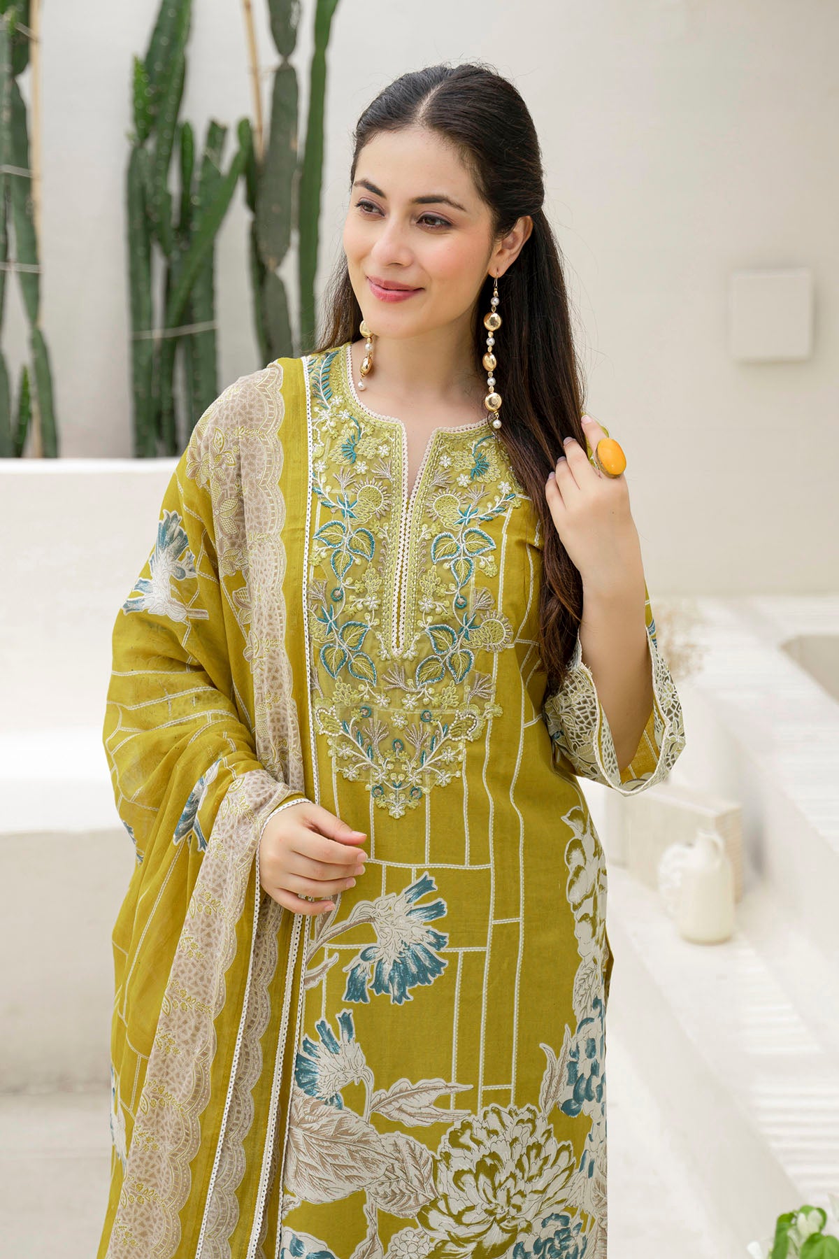 Mustard Multicolor Cotton Straight-Cut Printed Suit
