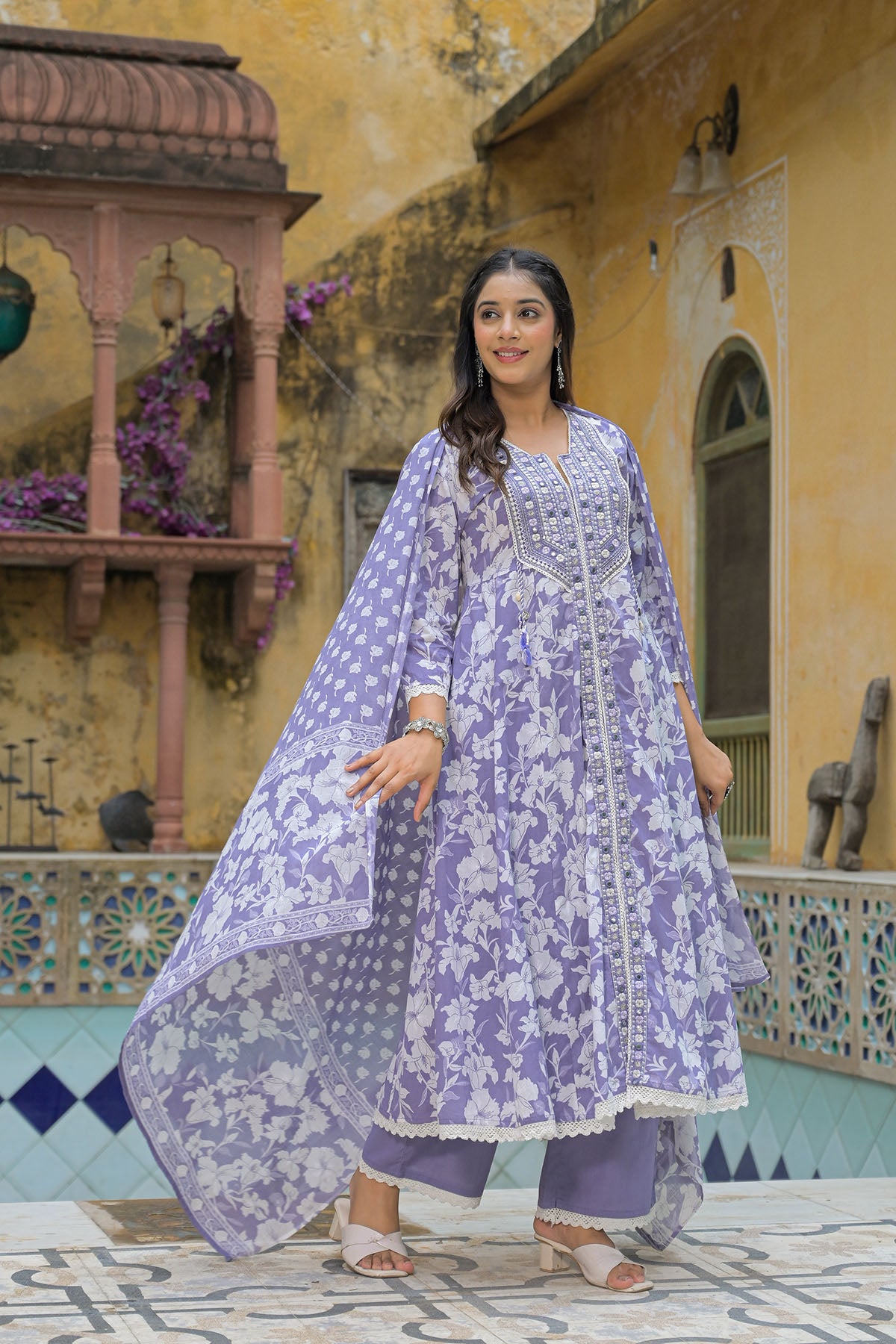 Violet Blue Floral Cotton Embroidered Anarkali Suit