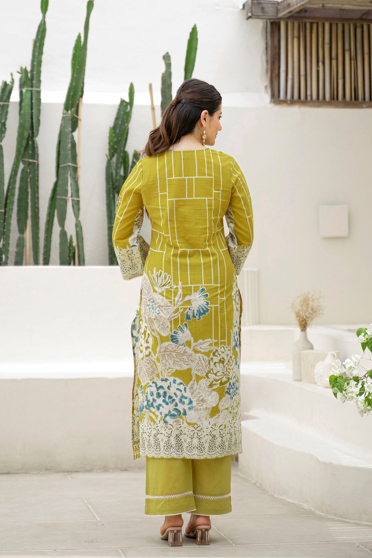 Mustard Multicolor Cotton Straight-Cut Printed Suit