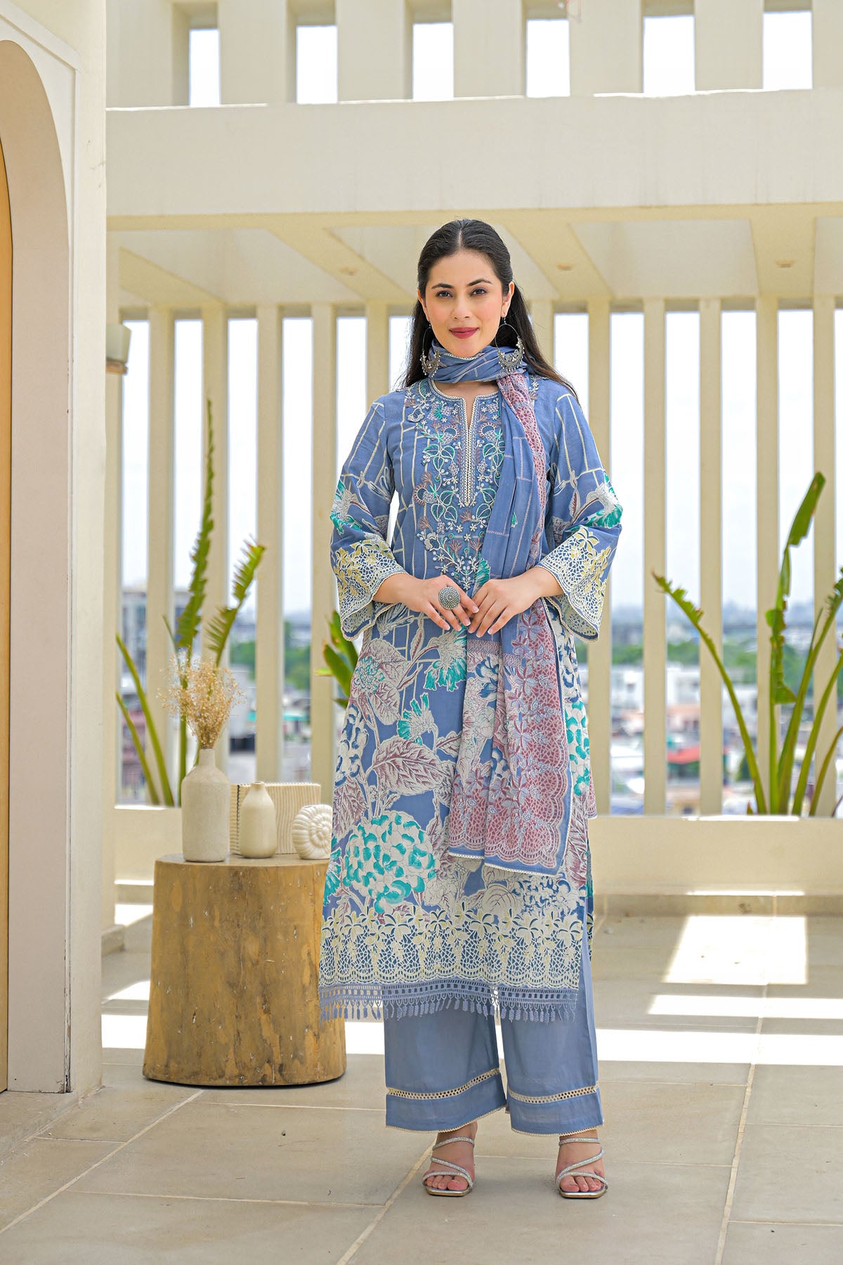 Blue Multicolor Cotton Straight-Cut Printed Suit