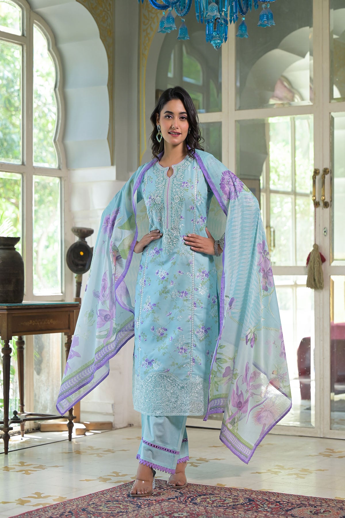 Blue Multicolor Cotton Straight-Cut Printed Suit
