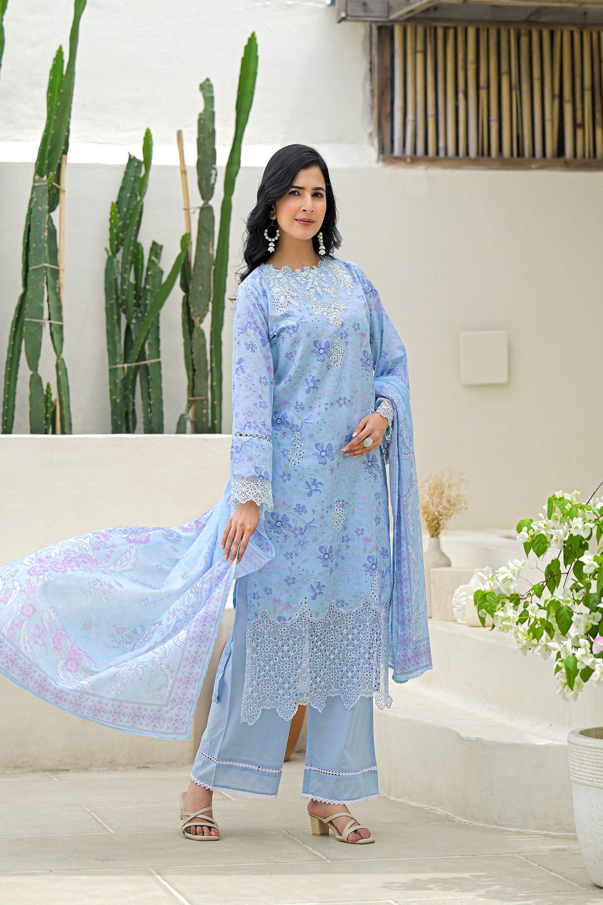 Blue Multicolor Cotton Straight-Cut Printed Suit