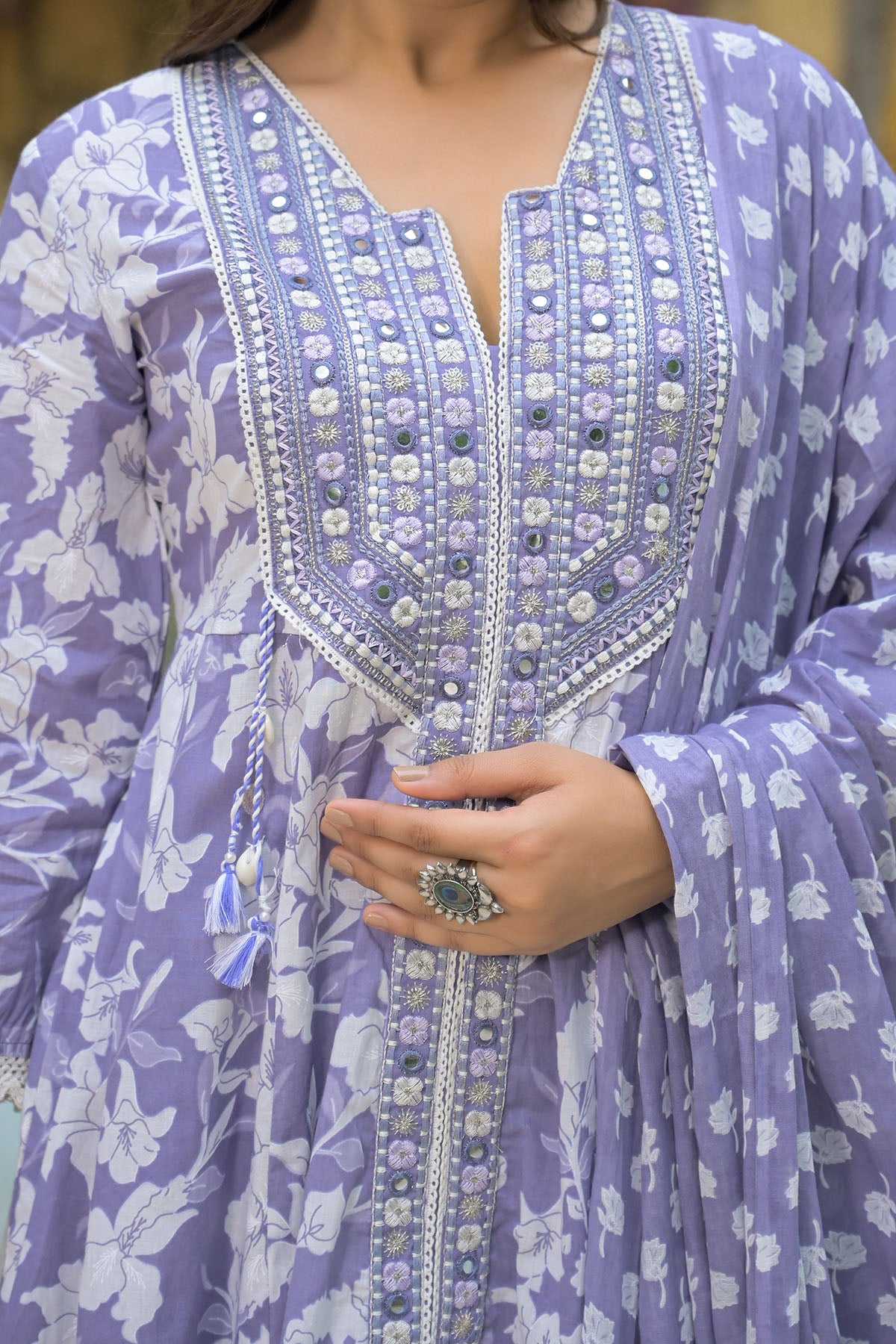 Violet Blue Floral Cotton Embroidered Anarkali Suit