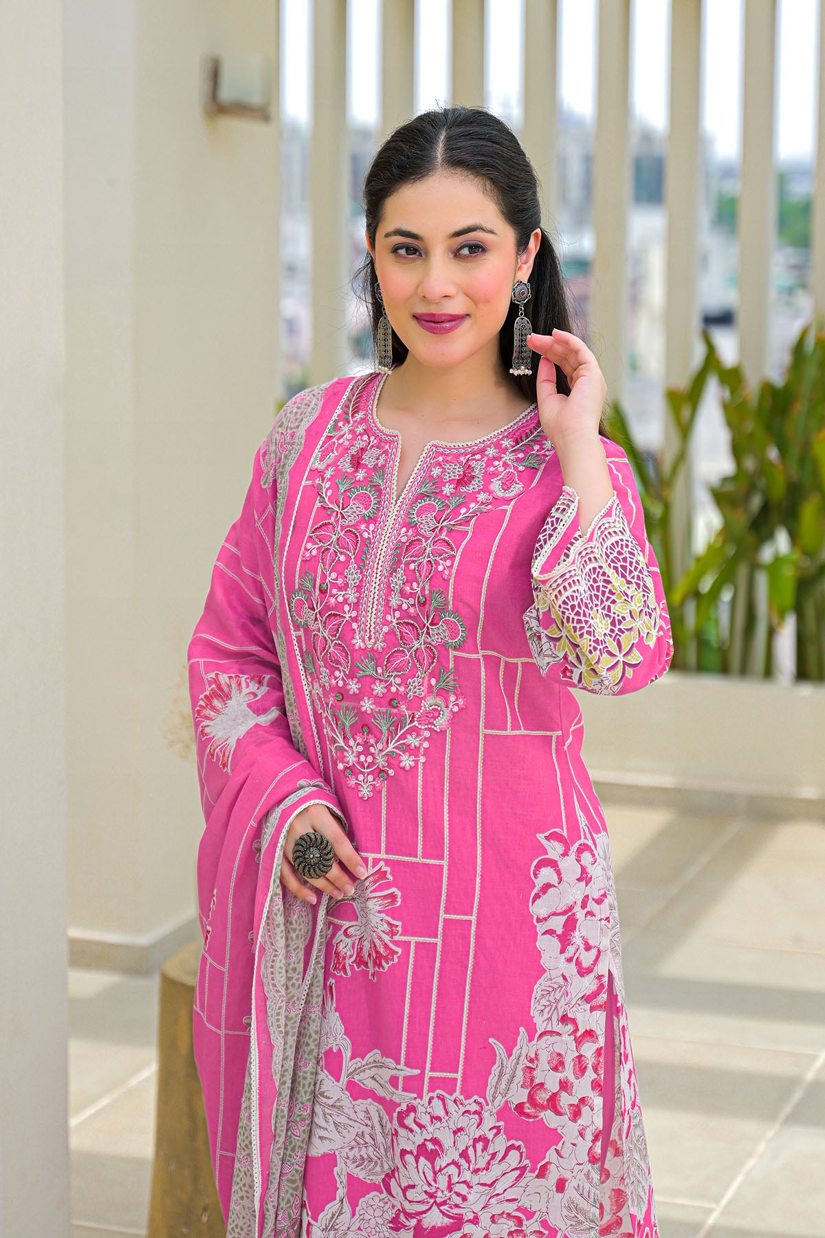Pink Multicolor Cotton Straight-Cut Printed Suit