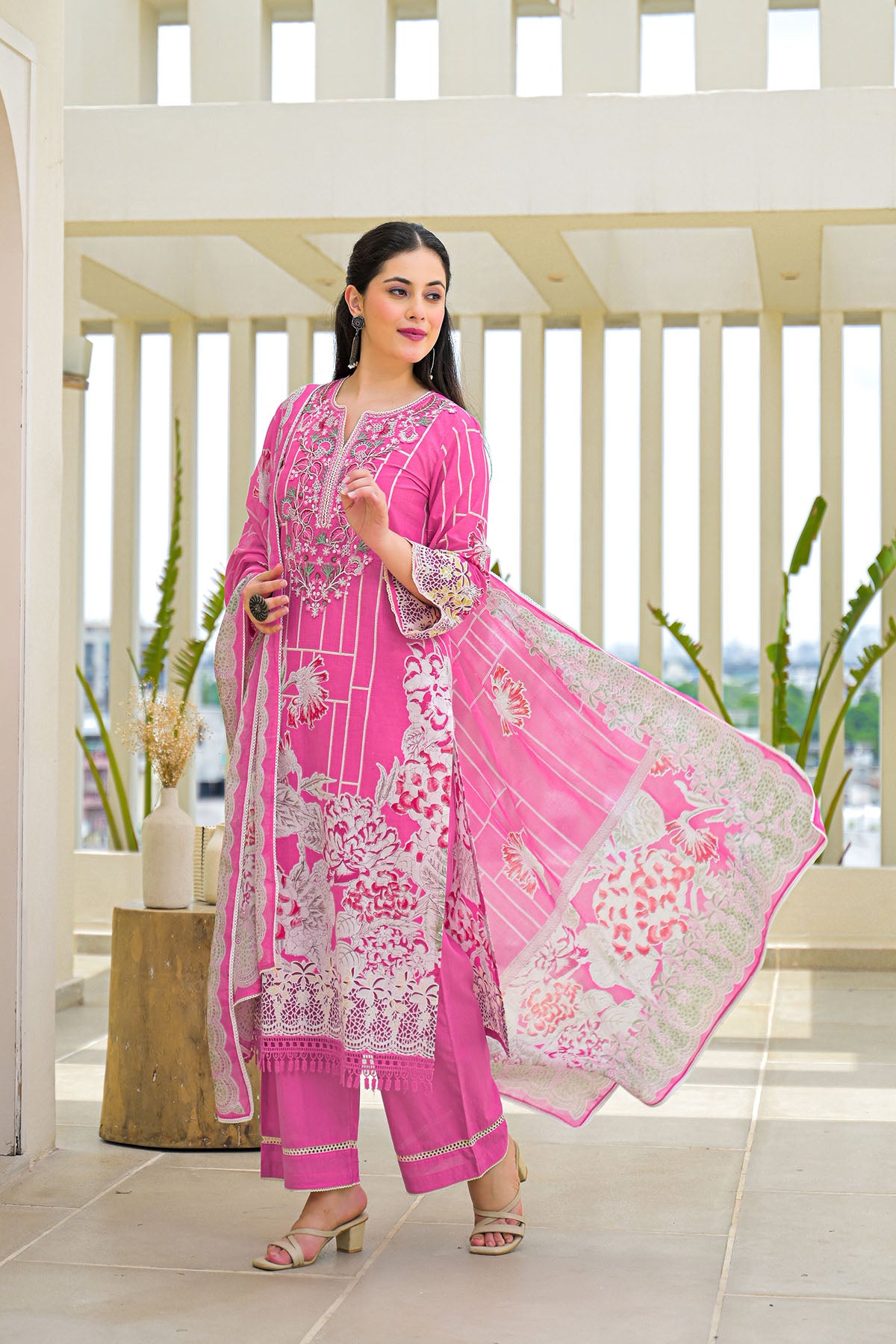 Pink Multicolor Cotton Straight-Cut Printed Suit