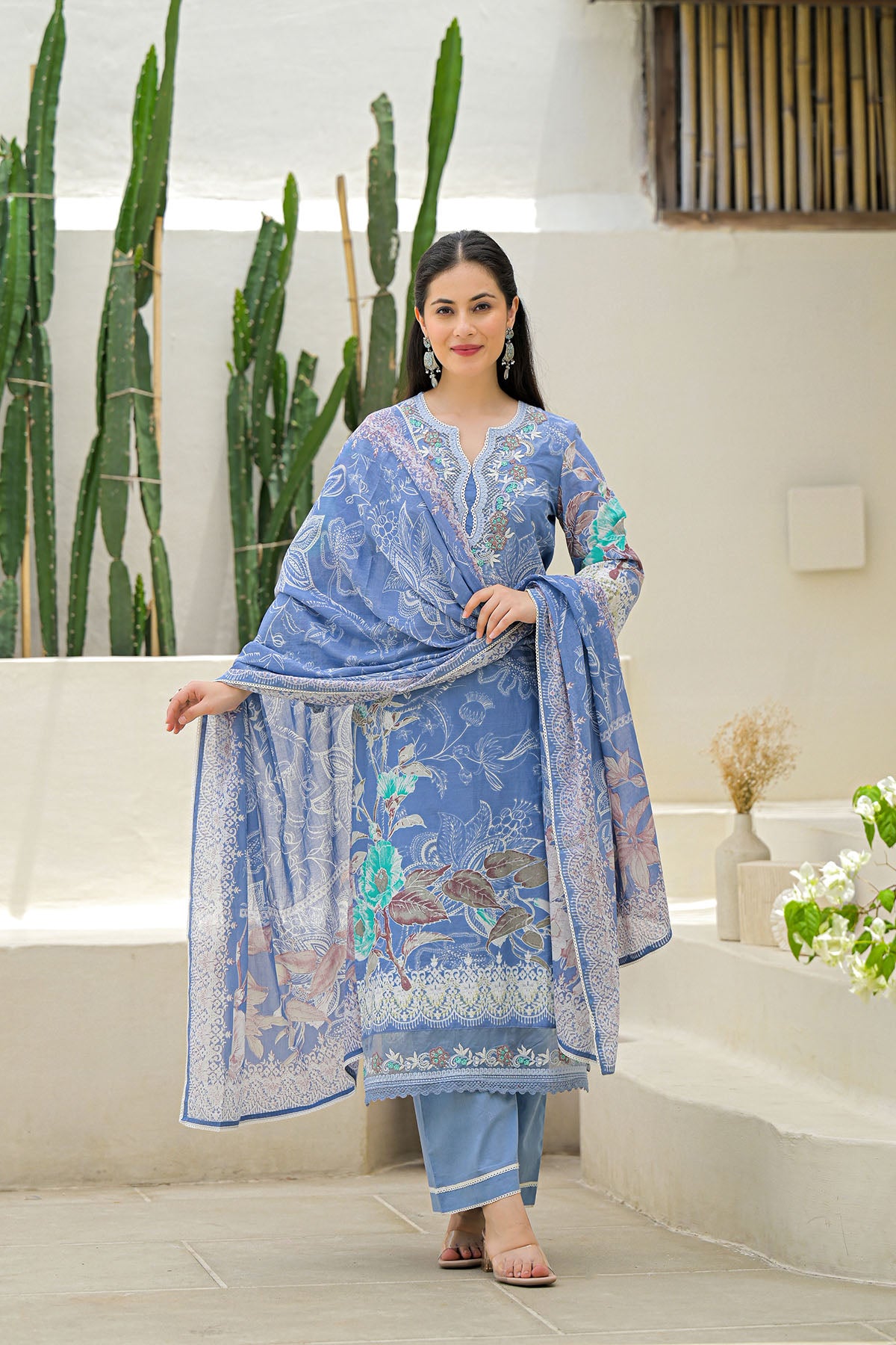 Blue Multicolor Cotton Straight-Cut Printed Suit