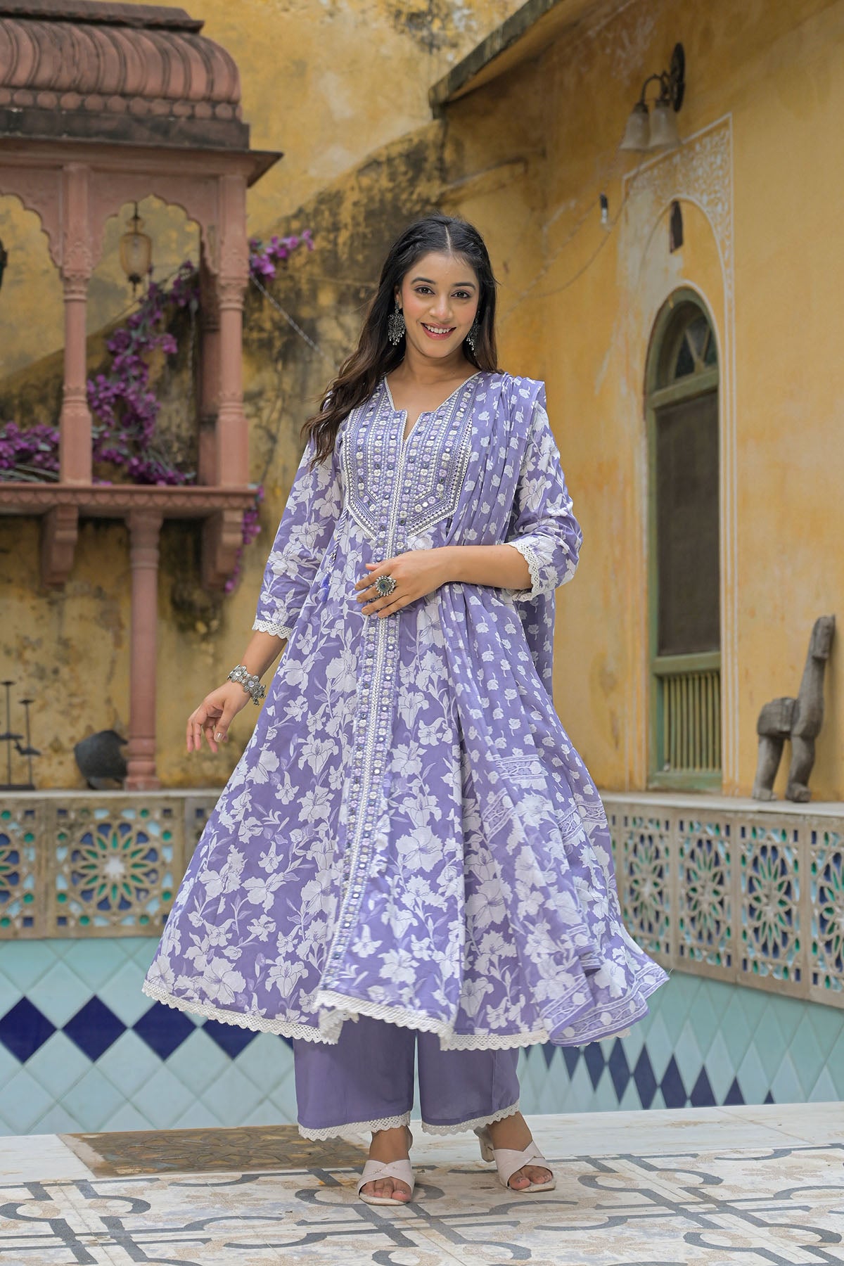 Violet Blue Floral Cotton Embroidered Anarkali Suit