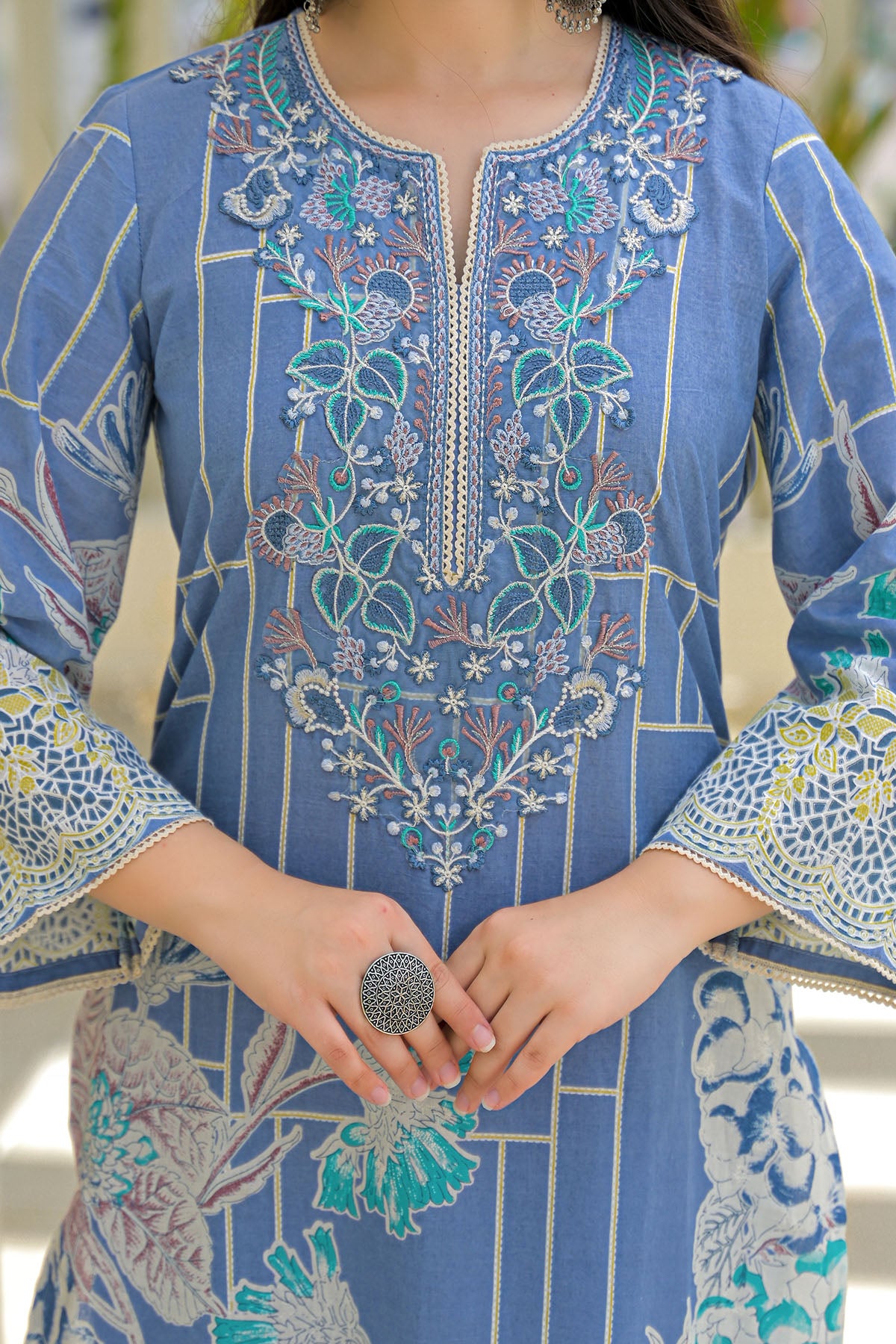 Blue Multicolor Cotton Straight-Cut Printed Suit